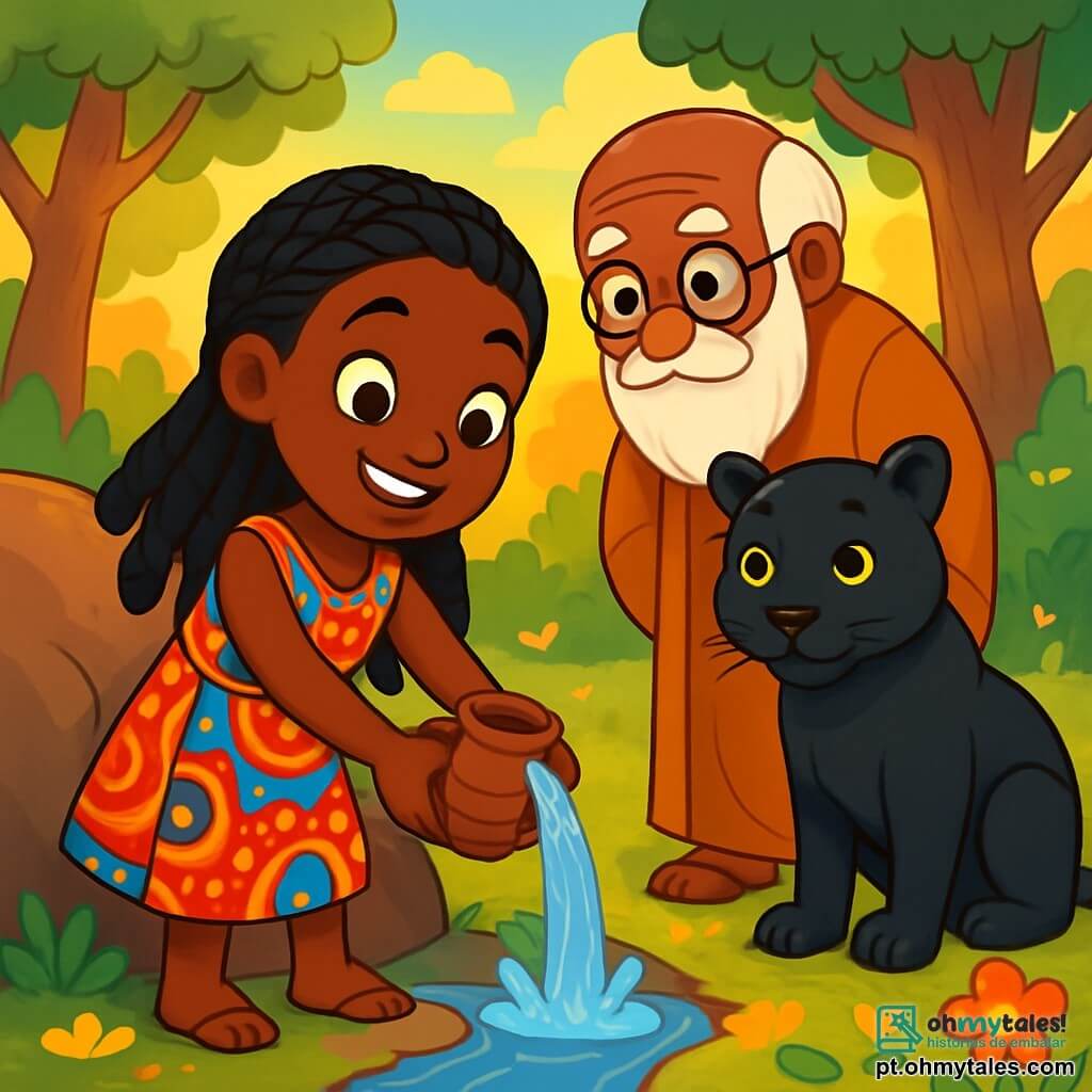 Asha, uma jovem de pele dourada e cabelos negros trançados, está de pé com um sorriso radiante no rosto. Seus olhos brilham de emoção enquanto ela enche um pequeno pote com água clara de uma fonte escondida sob uma grande rocha. Ela usa um vestido colorido adornado com padrões africanos vibrantes que dançam ao vento. Perto dela, um sábio idoso, com uma longa barba branca e óculos redondos, observa Asha com benevolência. Ele veste uma túnica tradicional e está levemente curvado, como se carregasse o peso da sabedoria. Uma majestosa pantera de pelagem negra brilha ao seu lado, com olhos doces e curiosos fixos em Asha, pronta para protegê-la. A cena ocorre em uma clareira verdejante, cercada por majestosas árvores e flores coloridas que florescem sob o suave sol do crepúsculo. O chão está coberto de folhas douradas e pequenas pedras brilhantes, enquanto um leve riacho murmura nas proximidades, adicionando um toque de magia à atmosfera. Asha, cheia de determinação e alegria, está enchendo seu pote de água para nutrir um baobá em seu jardim, honrando assim uma promessa feita à sua avó.