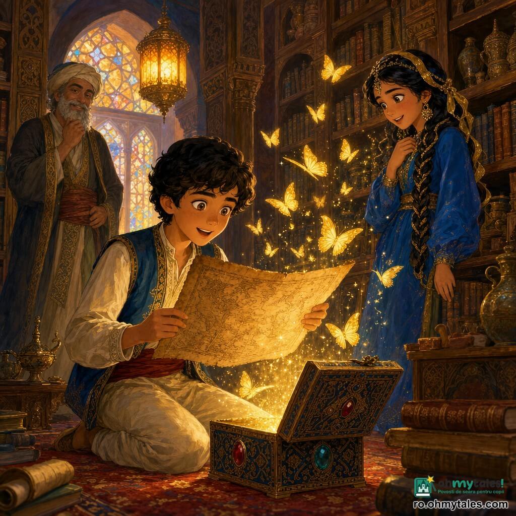 Un băiat de circa 12 ani, Amir, cu față rotundă și ochi nucșori strălucitori, genul zâmbet uimit, îngenuncheat ținând o hartă veche deschisă din care ies fluturi aurii și o lumină caldă, tocmai deschis o cutiuță împodobită cu pietre prețioase; o fată de aproximativ 11 ani, Layla, cu părul lung împletit cu panglici aurii și rochie albastru safir, stă în picioare lângă un raft de cărți privindu-l cu afecțiune și uimire; un bătrân de circa 70 de ani, cu barbă cenușie și ochi blânzi, în tunică brodată, observă de la distanță cu un zâmbet binevoitor; scena are loc într-o bibliotecă veche inspirată din O mie și una de nopți — rafturi în lemn sculptat, arcade, covoare persane roșii și aurii, felinare din alamă cu o lumină ambers, vitralii care filtrează o lumină aurie — iar momentul principal este o descoperire magică: cutia și o carte veche eliberează o ploaie de fluturi aurii și mici litere strălucitoare, atmosfera fiind caldă, misterioasă și plină de uimire.