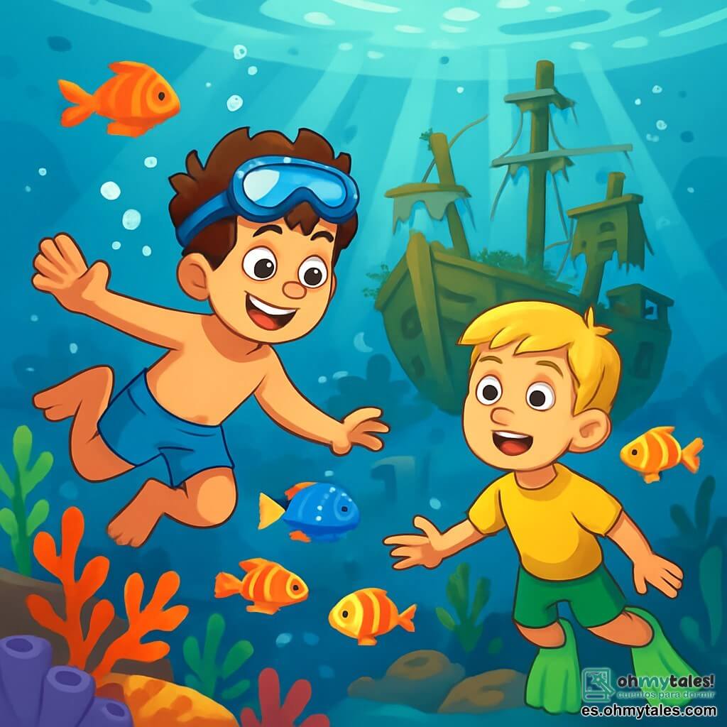 Hay 2 personajes principales: - Lucas: un niño de 10 años con cabello castaño y rizado, que lleva un bañador azul y unas gafas de buceo en la frente. Está nadando con entusiasmo, con una mano extendida hacia el fondo del agua. - Mateo: un niño de 10 años con cabello rubio y liso, que lleva una camiseta amarilla y aletas verdes. Está justo al lado de Lucas, mirando con asombro un viejo barco naufragado en el fondo del océano. La situación principal transcurre en un océano cristalino, lleno de corales coloridos y peces multicolores. Al fondo, se ve un viejo barco de madera cubierto de algas y corales, con rayos de luz filtrándose a través del agua, creando una atmósfera mágica y misteriosa. La historia muestra a Lucas y Mateo descubriendo el barco naufragado, con sus rostros iluminados por la emoción y la curiosidad, mientras se acercan al tesoro escondido, rodeados de peces nadando alegremente a su alrededor.