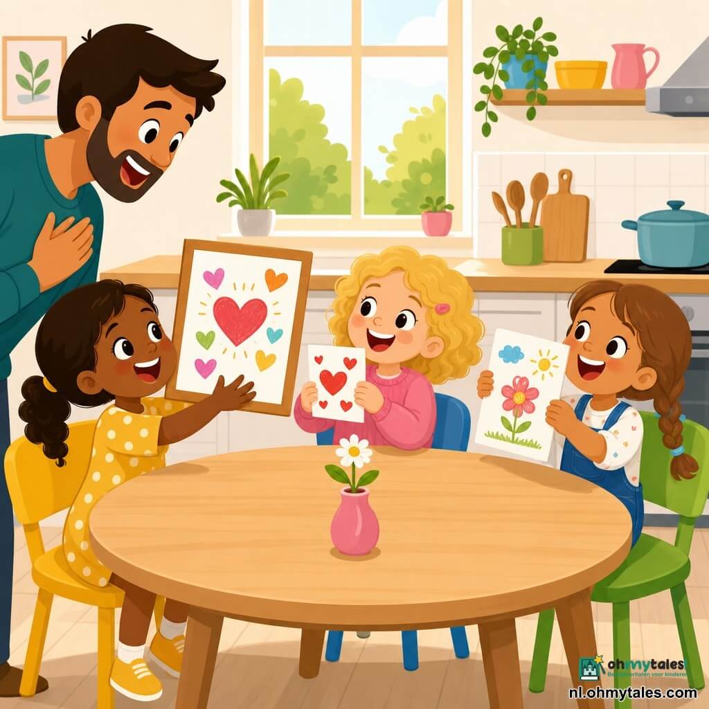 Drie meisjes van 4 jaar — Noor (bruin haar in staartjes, gele jurk met witte stippen) links, Lila (blond krullend haar, roze trui) in het midden en Juul (lichtbruin ingevlochten haar, blauwe tuinbroek) rechts — staan in een lichte, gezellige keuken bij een grote houten tafel met gekleurde stoelen en een raam; ze geven hun papa een zelfgemaakte Vaderdagkaart en een tekening in kartonnen lijstje, vrolijke gezichten en liefdevolle gebaren.