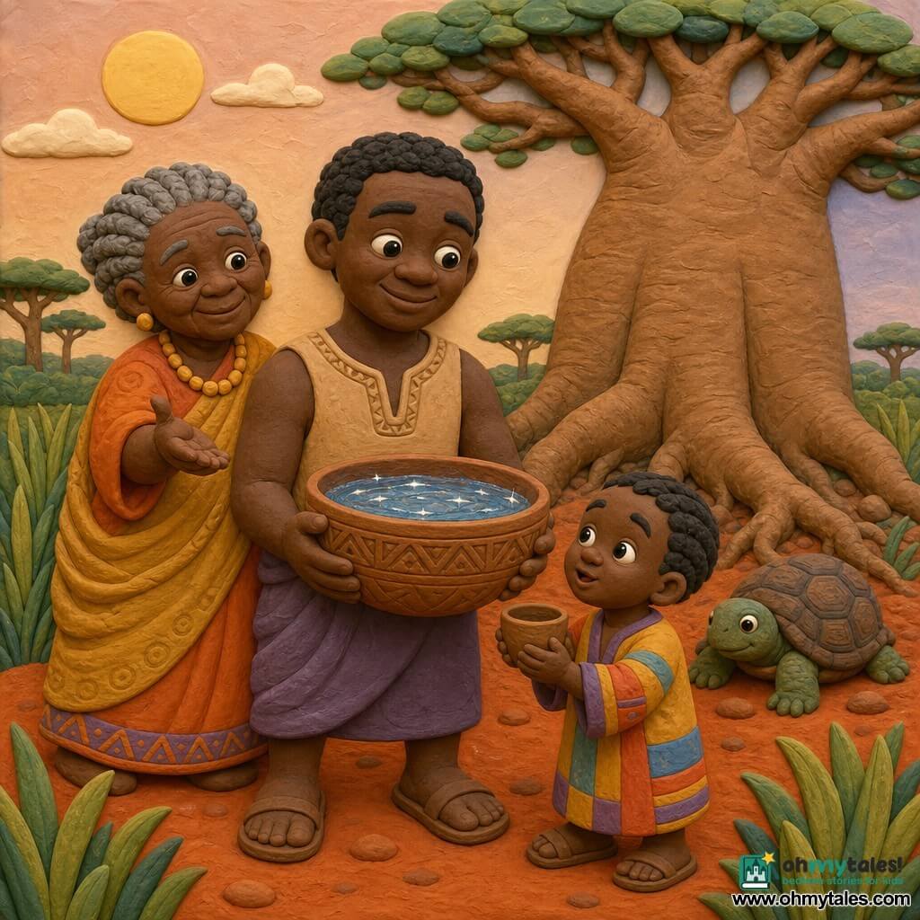 Around a large baobab in an African clearing with red-orange soil and ribbon-like tall grasses, Kofi, a smiling round-faced man with bright eyes and chocolate skin, holds a wooden gourd of clear, mirror-like water and looks determined and serene; behind him to the left, Nana Ama, an elderly woman with tightly braided gray hair and a gentle smile, reaches out as if to bless him; in front to the right a small boy of about six with short braids and a colorful dress holds a small cup and gazes at the water in wonder; at the baobab’s base rests Timi the turtle with a textured shell and calm expression; the scene is warm, vibrant, child-friendly, with simple shapes and thick, smooth, clay-like textures under a pastel sky with a soft sun.
