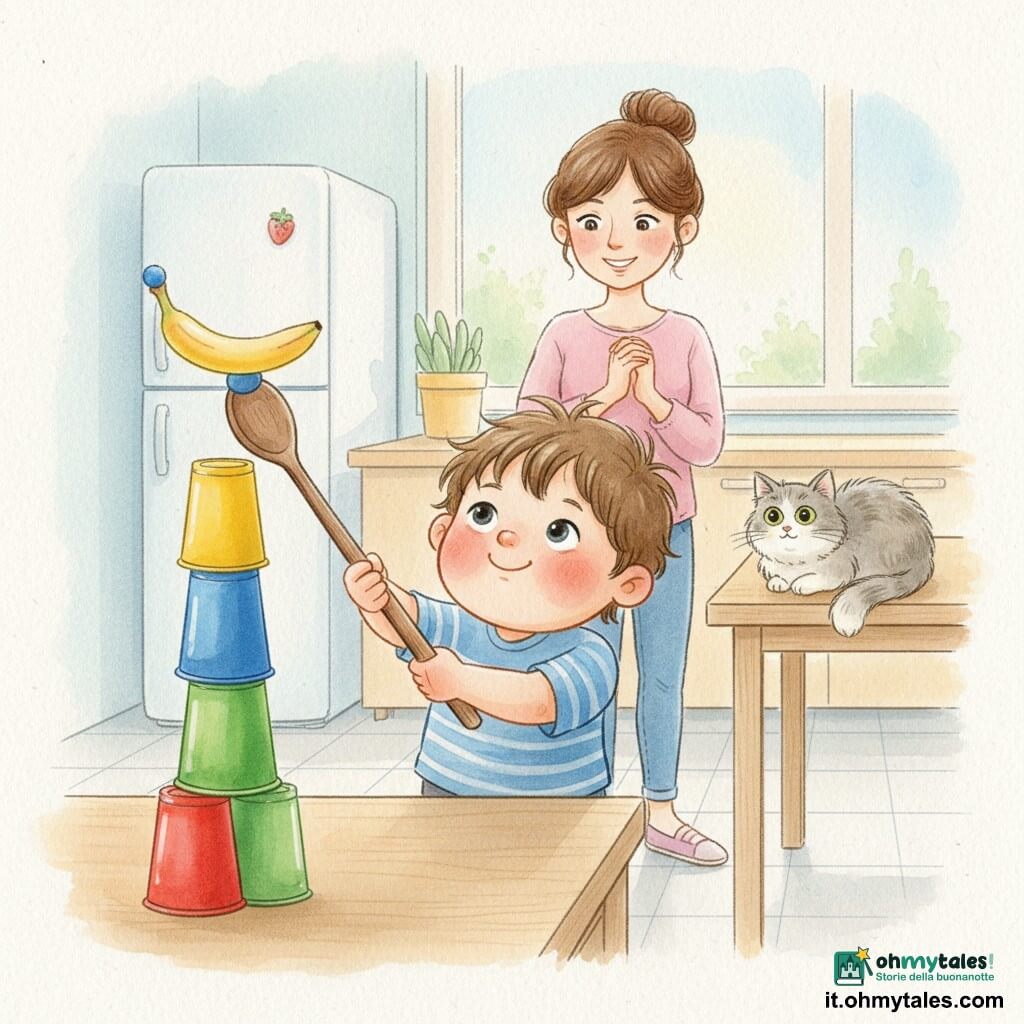 Un bambino di 4 anni dal viso rotondo e guance rosate, capelli castani spettinati, guarda la torre con aria concentrata e gioiosa; tiene un lungo cucchiaio di legno inclinato verso una banana posta in cima alla torre, postura decisa, usando una piccola pallina di pasta adesiva all'estremità del cucchiaio per far scivolare la banana senza rovesciare i bicchieri. Dietro di lui, una donna adulta (madre, circa 30 anni) con capelli castani raccolti in uno chignon morbido sorride dolcemente, in piedi vicino al piano di lavoro con le mani incrociate e sguardo benevolo. Un gatto grigio e bianco di nome Piuma, pelo soffice e occhi verdi, è seduto sul bordo del tavolo con la coda arrotolata a osservare curioso. La cucina è luminosa, con pavimento a piastrelle chiare, tavolo in legno chiaro, frigorifero bianco e una grande finestra che lascia entrare una luce mattutina; al centro c'è una alta torre di bicchieri di plastica impilati dai colori vivaci (rosso, blu, giallo, verde) sormontata da una banana gialla curva.