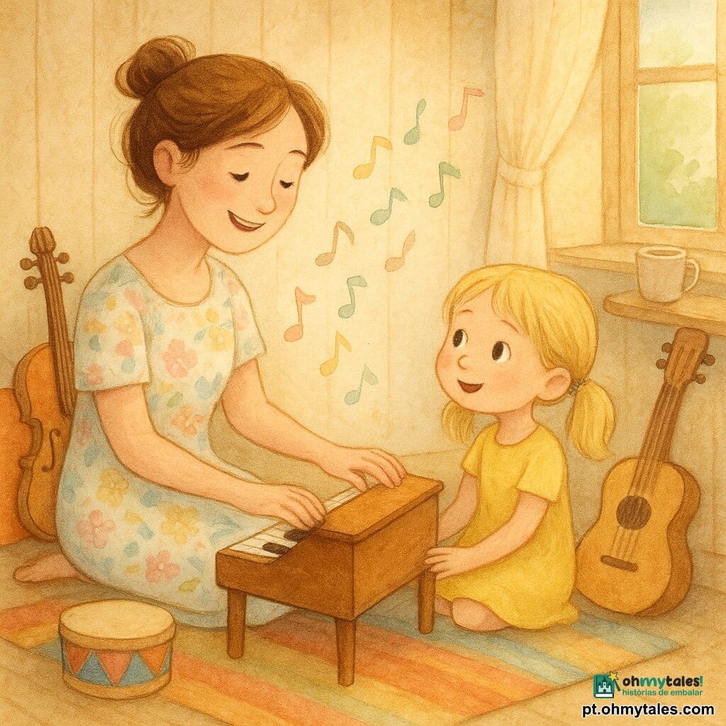 Uma cantora-músico sorridente e doce, olhos brilhantes, cabelo castanho em coque solto, vestindo um vestido simples de flores em tons pastéis, está sentada no chão acariciando as teclas de um pequeno piano de madeira envernizada; uma menina de cerca de 5 anos, cabelos loiros em maria-chiquinhas e vestido amarelo, senta-se num tapete colorido à direita da cantora com a mão sobre o piano, enquanto um violino encostado num almofadão, um pequeno tambor colorido e um violão acústico apoiado na parede, todos com expressões amigáveis, completam a cena; o estúdio é uma pequena sala acolhedora com paredes de madeira clara, janela aberta deixando entrar um raio de luz dourada e cortinas leves ao vento, e uma caneca de chá fumegante numa prateleira baixa; notas musicais estilizadas em cores pastéis flutuam no ar formando um rastro luminoso entre a cantora e a menina; atmosfera calma e aconchegante, texturas aquareladas suaves, sombras leves e contornos finos, paleta de cores quentes e apaziguadora, cena centrada no gesto de partilha — a mulher canta suavemente e guia a menina para sentirem a música juntas.