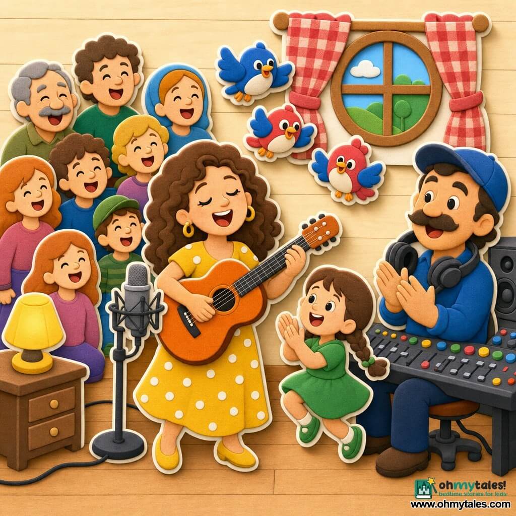 A smiling radiant female singer with curly brown hair in a yellow dress with white polka dots holds a shiny orange guitar, standing and singing with eyes half-closed and a smiling open mouth; an adult male sound engineer, mustached and wearing a blue cap, holds large black headphones and applauds slightly behind her to the right; a young girl of about six with braids in a green dress jumps and claps in the foreground; a small choir of village adults and children (mixed, ages 5–40) stands behind them as colorful smiling silhouettes; three round blue-and-red birds fly near the window as if listening; warm studio with light wood walls, a large round window with a red-check curtain, rounded microphones, colorful knobs and a small yellow lamp on a left table; main scene: the woman plays guitar and gathers the village in a joyful song, bright colors, simple shapes and thick outlines for a sticker-like look.