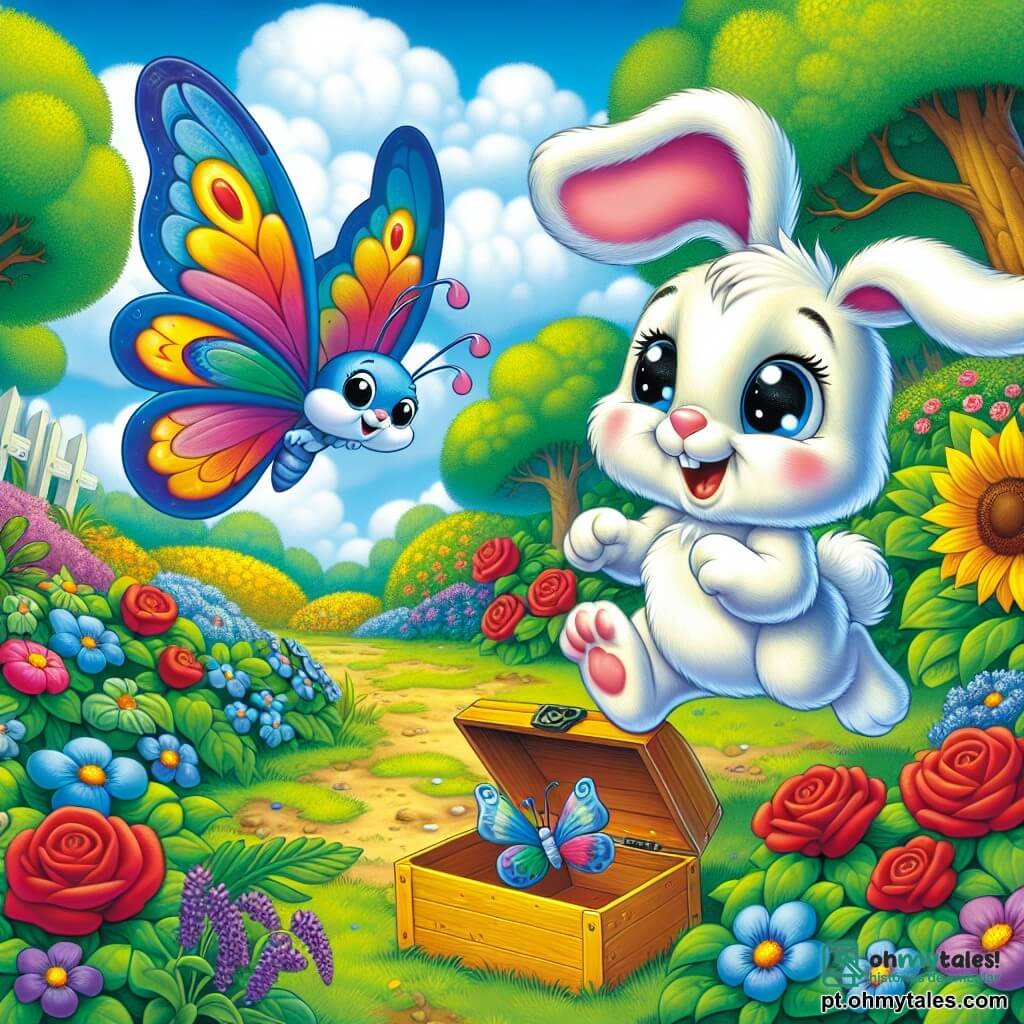 Um coelhinho chamado Pip, com pelos brancos e grandes orelhas, está pulando alegremente no meio de um jardim colorido, seus olhos brilhando de curiosidade e empolgação. Ao lado dele, uma linda borboleta azul, com asas delicadas e coloridas, voa em círculos, exibindo uma expressão amigável e divertida. O jardim está repleto de flores vibrantes, como rosas vermelhas, girassóis amarelos e violetas, com majestosas árvores verdes ao fundo, sob um céu azul claro salpicado de nuvens brancas fofas. Pip descobre uma flor amarela brilhante, atrás da qual se esconde uma pequena caixa misteriosa, que ele encontrou após subir em uma grande árvore. A expressão de Pip é de maravilha enquanto ele se prepara para abrir a caixa, ansioso para descobrir o tesouro que ela guarda.