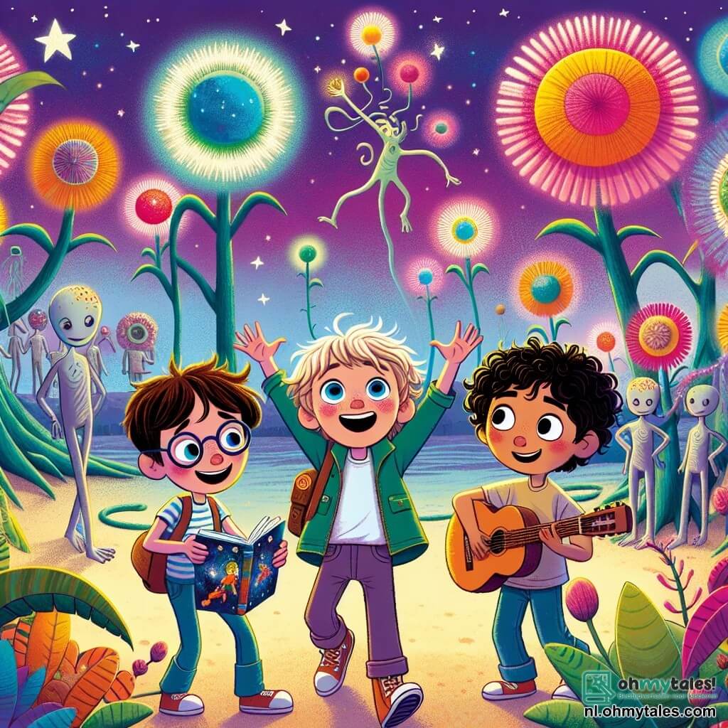 Drie jongens staan samen op de voorgrond, vol opwinding. Max, een 12-jarig meisje met rommelig bruin haar en een bril, glimlacht breed terwijl hij een boek over buitenaardse wezens vasthoudt. Naast hem speelt Sam, een 11-jarig jongen met blond haar en sprankelende ogen, enthousiast gitaar, zijn vingers dansend over de snaren. Tenslotte kijkt Joris, een 12-jarig jongen met zwart, krullend haar, verwonderd naar de lucht, zijn ogen wijd open, alsof hij iets ongelooflijks ziet. Op de achtergrond speelt de scène zich af op de planeet Zylara, een fantasiewereld met reusachtige bomen met kleurrijke bladeren die glinsteren onder een paarse lucht. Rondspringende, vrolijke buitenaardse wezens creëren een magische en gastvrije sfeer. De jongens vieren hun aankomst op Zylara, omringd door vriendelijke Zylarians die hen verwelkomen met warme glimlachen, terwijl ze lachen en muziek delen, wat hun vriendschap en de verwondering van hun intergalactische avontuur illustreert.
