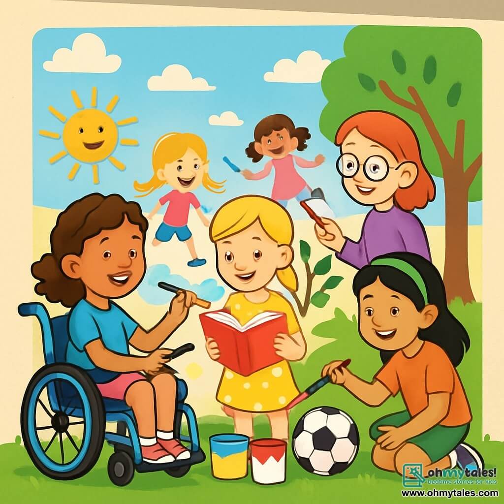 There are 4 children: - Maya: a 10-year-old girl with curly brown hair, wearing a blue t-shirt and pink shorts, sitting in a blue wheelchair, holding a paintbrush. - Zoe: a 10-year-old girl with braided blonde hair, wearing a yellow polka dot dress, standing next to Maya, painting a book on the wall. - Lila: a 10-year-old girl with black hair and a green headband, wearing an orange t-shirt, crouching next to Maya, painting a soccer ball on the wall. - Ruby: a 10-year-old girl with red hair and glasses, wearing a purple sweater, standing behind Maya, holding a long paintbrush to paint leaves on a tree. The scene takes place in front of a large playground wall, with buckets of colorful paint lined up on the green grass. The wall is filled with bright and cheerful drawings of children playing, reading, and having fun together under a bright blue sky with a few fluffy white clouds. The main situation shows the four friends painting a large mural together, each adding their personal touch. Maya is smiling joyfully while her friends encourage her, creating a scene full of camaraderie and creativity.
