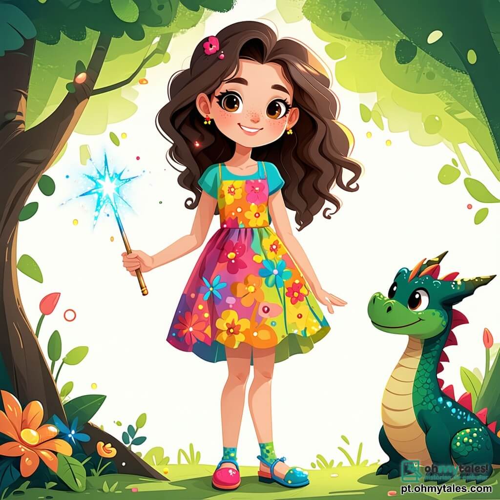 Uma menina de 12 anos, chamada Flora, com longos cabelos cacheados e olhos brilhantes de curiosidade, está no centro da imagem, com um sorriso travesso no rosto. Ela usa um vestido colorido decorado com padrões de flores e segura uma varinha mágica cintilante na mão direita, pronta para usá-la. À sua esquerda, um pequeno dragão chamado Fumaça, com escamas verdes brilhantes e olhos travessos, esfrega-se em sua perna, exibindo uma expressão alegre e travessa. À direita, o duende Pão-de-Mel, um homem de baixa estatura com um grande bigode e um avental de padeiro, observa a cena com um ar divertido, segurando uma miche de pão que parece pular de suas mãos. O cenário é uma charmosa cozinha de estilo mágico, com paredes de madeira esculpida, prateleiras cheias de potes de geleia coloridos e janelas que deixam entrar a luz dourada do sol poente. Pães pulam alegremente ao redor deles, adicionando um toque de magia e movimento à cena. Flora, com um olhar determinado e um toque de humor, tenta acalmar os pães saltitantes com sua magia, enquanto Fumaça, curioso, observa a situação com um sorriso travesso.