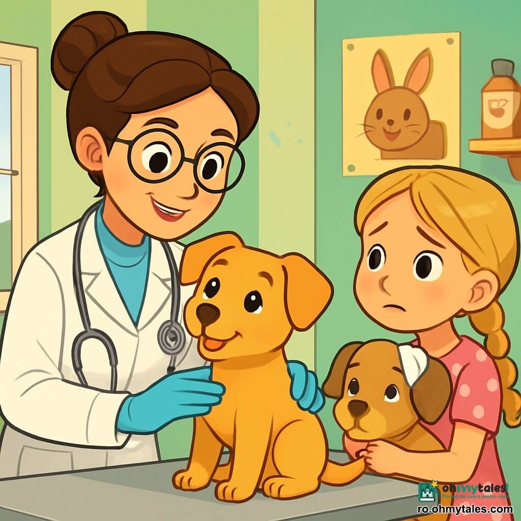 O veterinară, Lina, cu părul brun strâns într-un coc și ochelari rotunzi, zâmbește călduros în timp ce examinează un cățel mic cu ochi strălucitori și blană aurie. Ea poartă un halat alb strălucitor, mănuși din latex și un stetoscop la gât, arătându-și devotamentul și blândețea. Lângă ea, o fetiță de 8 ani, cu părul blond împletit și o rochie roz cu buline, ține un cățel cu urechile bandajate, având o expresie de neliniște amestecată cu speranță. Ea o privește pe Lina cu admirație, nerăbdătoare să vadă cum veterinarul își va ajuta prietenul patruped. Cabinetul veterinar este luminos și primitor, cu pereți vopsiți în verde pastel, rafturi pline de jucării pentru animale și postere colorate cu diferite specii animale. O fereastră lasă să pătrundă lumina soarelui, iluminând spațiul călduros. Scena principală o arată pe Lina liniștind fetița în timp ce examinează cățelul rănit, creând o atmosferă de compasiune și îngrijire, unde dragostea pentru animale și prietenia dintre veterinară și fetiță se împletesc.