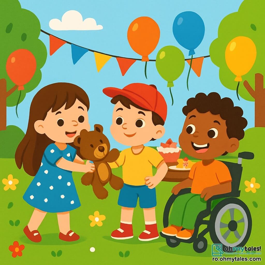 Există 3 personaje: Ana, o fetiță de 6 ani cu părul lung și brunet, purtând o rochie albastră cu buline albe, zâmbind fericită și ținând în brațe un ursuleț de pluș; Mihai, un băiat de 6 ani cu părul scurt și o șapcă roșie, cu o privire curioasă, stând lângă Ana cu mâinile pe șolduri; și Luca, un băiat de 6 ani cu părul creț și un mare zâmbet, așezat în scaunul său cu rotile, înconjurat de baloane colorate, uitându-se la prietenii săi cu entuziasm. Scena are loc într-o grădină însorită, plină de flori strălucitoare și baloane plutitoare, cu ghirlande colorate atârnând între copaci și o masă mare plină cu prăjituri și bomboane. Cerul este albastru cu câteva nori albi pufoși. Ana, Mihai și Luca se joacă împreună, râzând și împărtășind momente de bucurie; Ana îi întinde ursulețul lui Mihai, care zâmbește, în timp ce Luca îi privește cu fericire. Culorile vii și expresiile vesele ale copiilor transmit o atmosferă de camaraderie și împărtășire.