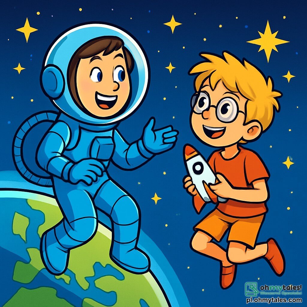 Astronautka, kobieta w wieku około trzydziestu lat z krótkimi, brązowymi włosami, nosi błyszczący, niebieski skafander. Jej twarz wyraża zachwyt i radość, z szerokim uśmiechem, który rozświetla jej błyszczące oczy. Unosi się w kosmosie, otoczona małymi, migoczącymi gwiazdami i spektakularnym widokiem Ziemi w tle, z zielonymi kontynentami i niebieskimi oceanami. Obok niej, 11-letni chłopiec z rozczochranymi blond włosami i okularami, z fascynacją obserwuje. Nosi czerwoną koszulkę i szorty, lekko unosząc się w stanie nieważkości, trzymając w rękach mały model rakiety. Jest zachwycony pięknem kosmosu. Miejsce to kosmiczny krajobraz, wypełniony żywymi kolorami i światłem, z jasnymi gwiazdami i majestatyczną Ziemią poniżej. Główna sytuacja pokazuje astronautkę i chłopca, którzy radośnie rozmawiają, dzieląc się marzeniami o eksploracji kosmosu, podczas gdy unoszą się razem w ogromie wszechświata.