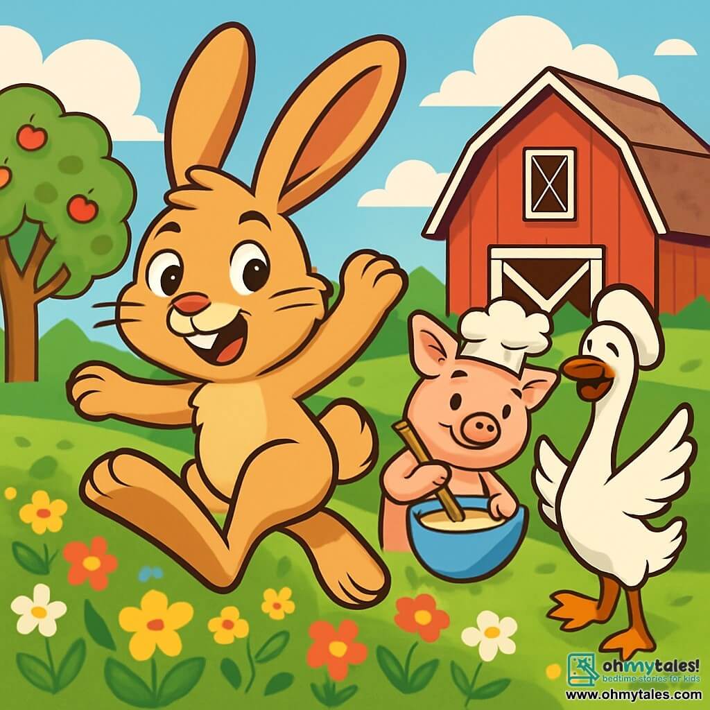 A rabbit named Benny, with large ears and soft caramel-colored fur, sports a mischievous smile and sparkling eyes. He is joyfully hopping through a field of colorful flowers, his hind legs in the air as if ready to land on a cloud of happiness. Beside him, Gertrude, a bright white goose with a vivid orange beak, stands on one leg in a theatrical pose, her wings spread as if on stage. Percy, a pink pig wearing a little chef's hat, is mixing dough in a large bowl, his expression focused yet amused, standing just behind Benny, ready to join the adventure. The setting is a sunny farm with an old red barn in the background, surrounded by green fields, blooming apple trees, and a blue sky dotted with fluffy white clouds. The main scene shows Benny and his friends preparing for a day of games and contests, filled with energy and laughter, ready for an unforgettable adventure.