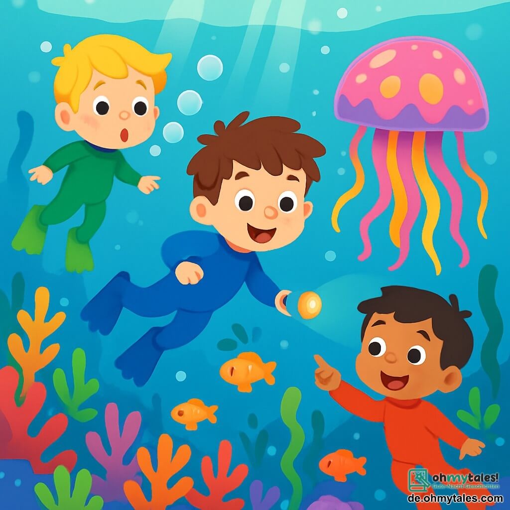 Es gibt drei Charaktere: Ben, ein 4-jähriger Junge mit zerzausten braunen Haaren und funkelnden Augen, trägt einen blauen Tauchanzug und hält eine kleine Unterwasserlampe. Er schwimmt fröhlich in der Mitte des Bildes. Max, ein 4-jähriger Junge mit blonden Haaren und Sommersprossen, trägt einen grünen Tauchanzug und macht mit seinem Mund Blasen, während er links von Ben schwebt. Leo, ein 4-jähriger Junge mit schwarzen Haaren und einem breiten Lächeln, trägt einen roten Tauchanzug und zeigt auf eine wunderschöne, bunte Qualle rechts von Ben. Der Ort ist eine lebendige Unterwasserwelt, gefüllt mit bunten Korallen, funkelnden Fischen und Lichtstrahlen, die durch das klare Wasser filtern. Algen tanzen sanft im Strom, und Luftblasen steigen zur Oberfläche auf. Die Hauptsituation zeigt die drei Freunde bei ihrer Unterwassererkundung, begeistert von der Schönheit der Meeresbewohner um sie herum, während sie eine leuchtende Qualle entdecken, die anmutig schwebt und das Wasser um sie herum in leuchtenden Farben erhellt.
