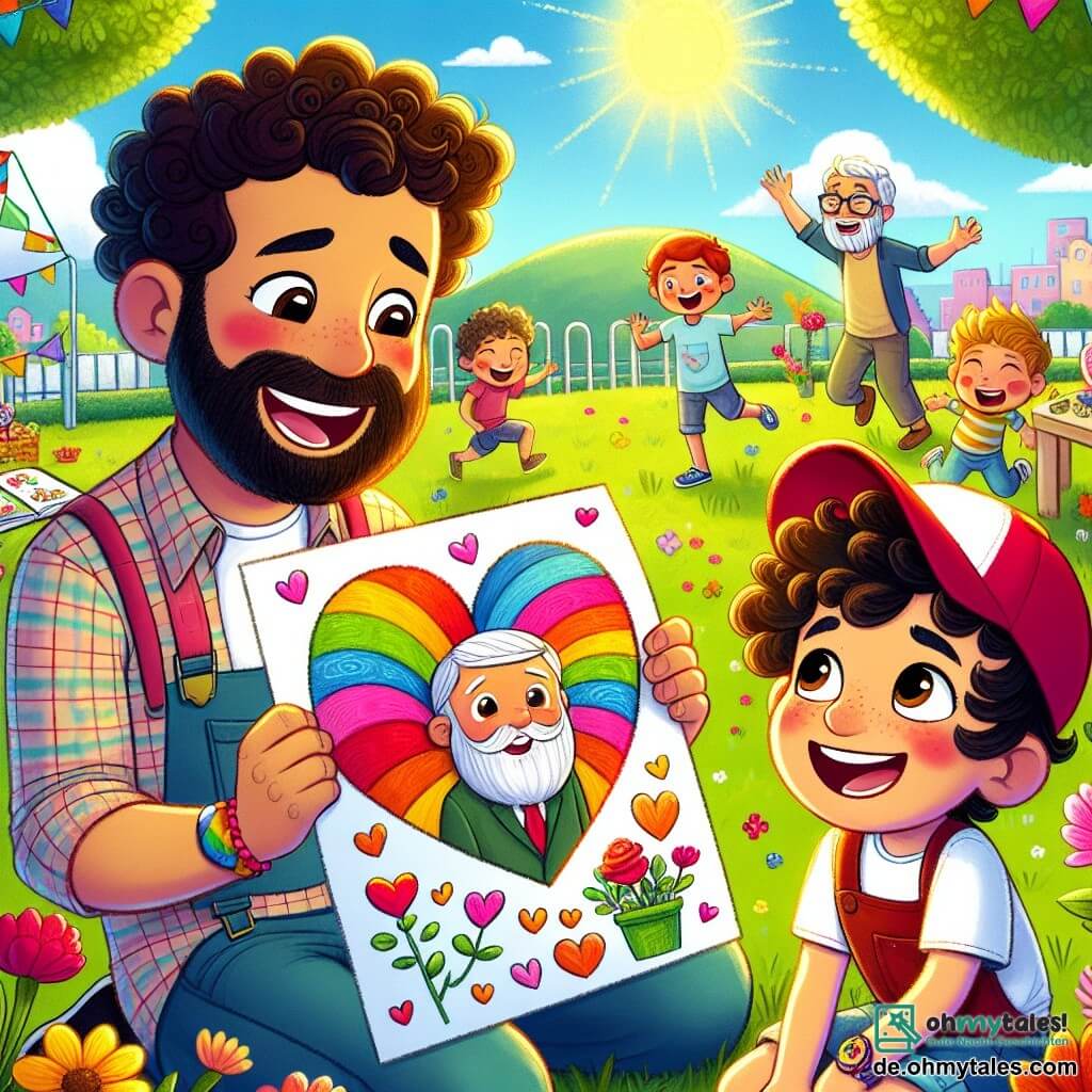 In einem sonnigen Park feiern zwei Jungen den Vatertag. Paul, ein 7-jähriger Junge mit lockigem Haar und großem Lächeln, sitzt auf dem Gras und hält ein großes, buntes Herz, das er gemalt hat. Neben ihm schaut Max, ein weiterer 7-jähriger Junge mit einer süßen roten Mütze, aufgeregt auf das Bild seines Freundes. Der Park ist voller bunter Blumen, großer grüner Bäume und im Hintergrund gibt es einen Spielplatz, auf dem andere Kinder fröhlich spielen. In der Ferne sieht man Väter, die mit ihren Kindern lachen und Spaß haben, was eine festliche und herzliche Atmosphäre schafft. Die Hauptszene zeigt Paul, der stolz sein Bild seinem Papa überreicht, einem lächelnden Mann mit weichem Bart und strahlenden Augen. Max hält ein kleines Bild von sich und seinem Vater, beide strahlen vor Glück. Die Sonne scheint über ihnen und verleiht diesem besonderen Moment des Teilens und der Liebe einen goldenen Glanz.