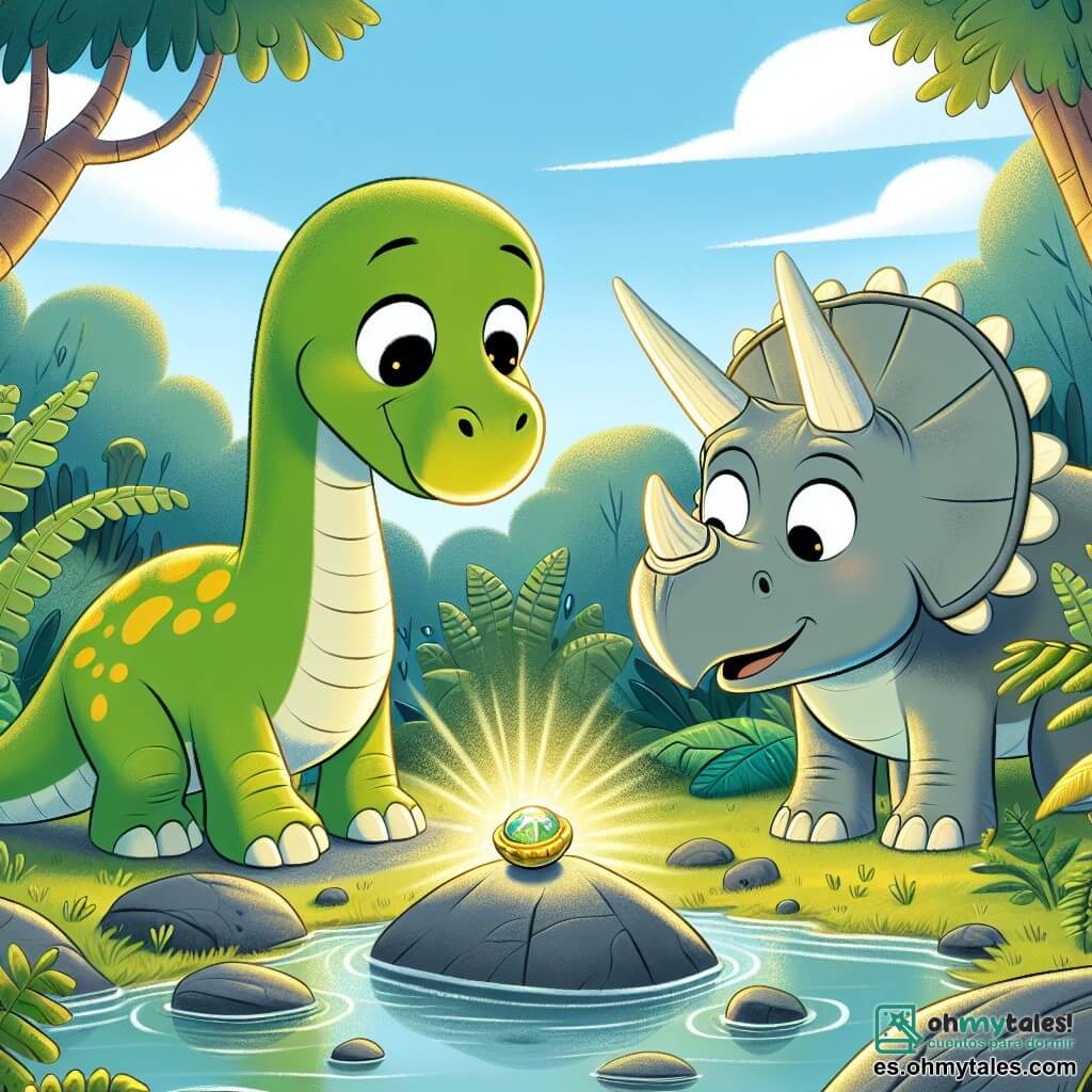 Un diplodocus llamado Dino, con un largo cuello y piel verde salpicada de manchas amarillas, mira con asombro un pequeño artefacto redondo brillante sobre una roca. Sus grandes ojos expresan curiosidad y alegría. A su lado, Rino, un triceratops con majestuosos cuernos y piel gris, sonríe entusiasmado, observando el mismo artefacto. Están cerca de un tranquilo arroyo, rodeados de grandes helechos y árboles de troncos gruesos, bajo un cielo azul salpicado de nubes blancas y esponjosas. La escena muestra el momento mágico en que el resplandor del artefacto comienza a envolver a los dos amigos, simbolizando el asombro y la promesa de aventuras por venir.