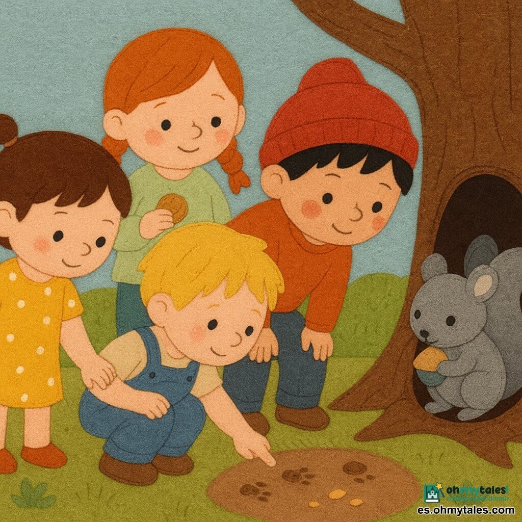 Hay cinco personajes: Ana, 3 años, pelo castaño corto en coletas, vestido amarillo con lunares blancos, toma la mano de Leo y mira la pequeña bola gris junto al hueco del árbol; Leo, 3 años, pelo rubio despeinado, peto azul, agachado señalando diminutas huellas en la tierra junto a Ana; Mia, 3 años, pelo pelirrojo trenzado, jersey verde claro, sostiene una galleta y sonríe detrás de ellos; Tom, 3 años, pelo negro y gorro rojo, con rodillas sucias, se acerca al hueco del árbol inclinándose; y una ardilla bebé gris con orejas grandes y ojos negros que sale de un hueco bajo una rama sosteniendo la pelota azul y un pequeño sombrero peludo. Lugar: jardín claro de suelo terroso con césped moteado, flores de fieltro y un gran árbol con corteza texturada y un hueco oscuro y blando; hay migas de galleta en el suelo como pistas. Situación: los cuatro pequeños detectives siguen huellas minúsculas hacia el hueco del árbol y descubren a la ardilla que ha recogido una pelota azul, un sombrero y una hoja brillante; escena tierna, composición circular alrededor del hueco, colores cálidos y texturas cosidas visibles.