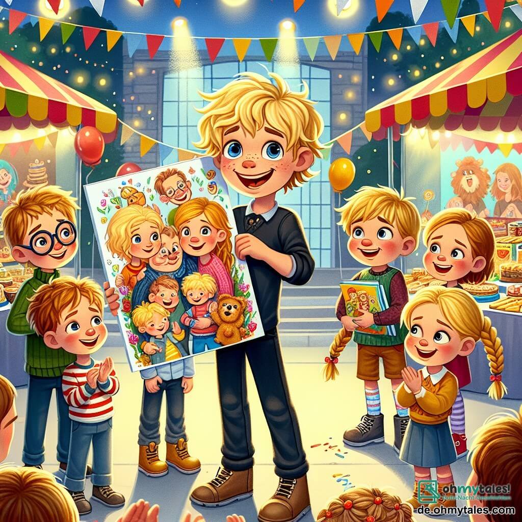 Ein 8-jähriger Junge, Paul, mit zerzausten blonden Haaren und neugierigen Augen steht im Mittelpunkt des Bildes, lächelt begeistert und präsentiert stolz ein großes, buntes Bild seiner Familie. Neben ihm applaudiert Max, ein 8-jähriger Junge mit einem fehlenden Zahn und Brille, mit einem breiten Lächeln, während Lena, ein 7-jähriges Mädchen mit geflochtenen braunen Haaren, bewundernd zuschaut und ein Buch über Tiere in den Händen hält. Der Hintergrund zeigt eine festliche Schule, geschmückt mit bunten Girlanden und schwebenden Ballons, und Essensstände, die mit süßen und herzhaften Köstlichkeiten gefüllt sind. Im Hintergrund lachen und spielen Kinder, was eine fröhliche und lebhafte Atmosphäre schafft. Die Hauptsituation zeigt Paul auf der Bühne, umgeben von seinen Freunden, während er sein Bild bei einer talentierten Schulaufführung teilt, umgeben von Lachen und Applaus.