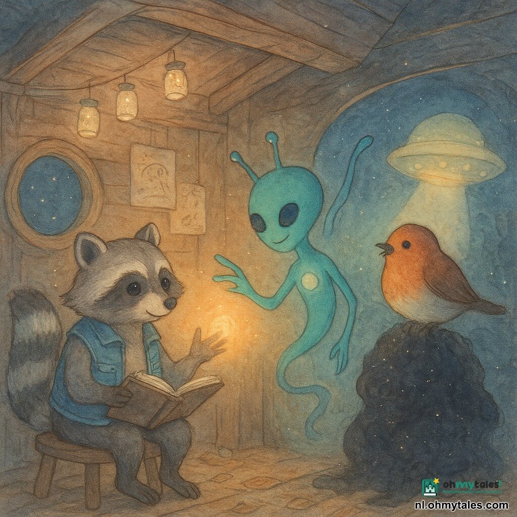 Miro, een kleine wasbeer met zachte ogen en een gestreepte staart, draagt een versleten spijkerjasje en houdt een schetsboek vast; hij vormt met zijn vingers een gebaar en laat een klein warm oranje bolletje licht los. Kix, een slanke blauwgroene buitenaards wezen ter grootte van een eekhoorn met drie dunne vingers en een rond lichtgevend kastje op de borst, zweeft naast Miro en doet hetzelfde gebaar. Rava, een levendige roodborst met een glanzende oranje borst, zit op de leuning van een houten stoel en kijkt verwonderd en zacht zingend naar het licht. De Schaduwzoeker, een donkere zachte massa als een wolk roet met fonkels van binnen, lijkt verlegen en raakt voorzichtig met een doorschijnende slok het licht aan. De boomhut is van ruwe planken, heeft een raam van een oude verrekijkerlens, slingers van vuurvliegjes in potjes, een bladerenmat en krabbelkaarten aan de muren; een glazen schijf in het midden werpt een sterrenkring op het plafond. Hoofdscène: een rustige tedere eerste ontmoeting waarin de personages een broos warm licht delen temidden van houten voorwerpen en geprojecteerde sterren, terwijl buiten stil een klein rond lichtschip verschijnt en een zachte lichthelling naar de hut uitrolt.