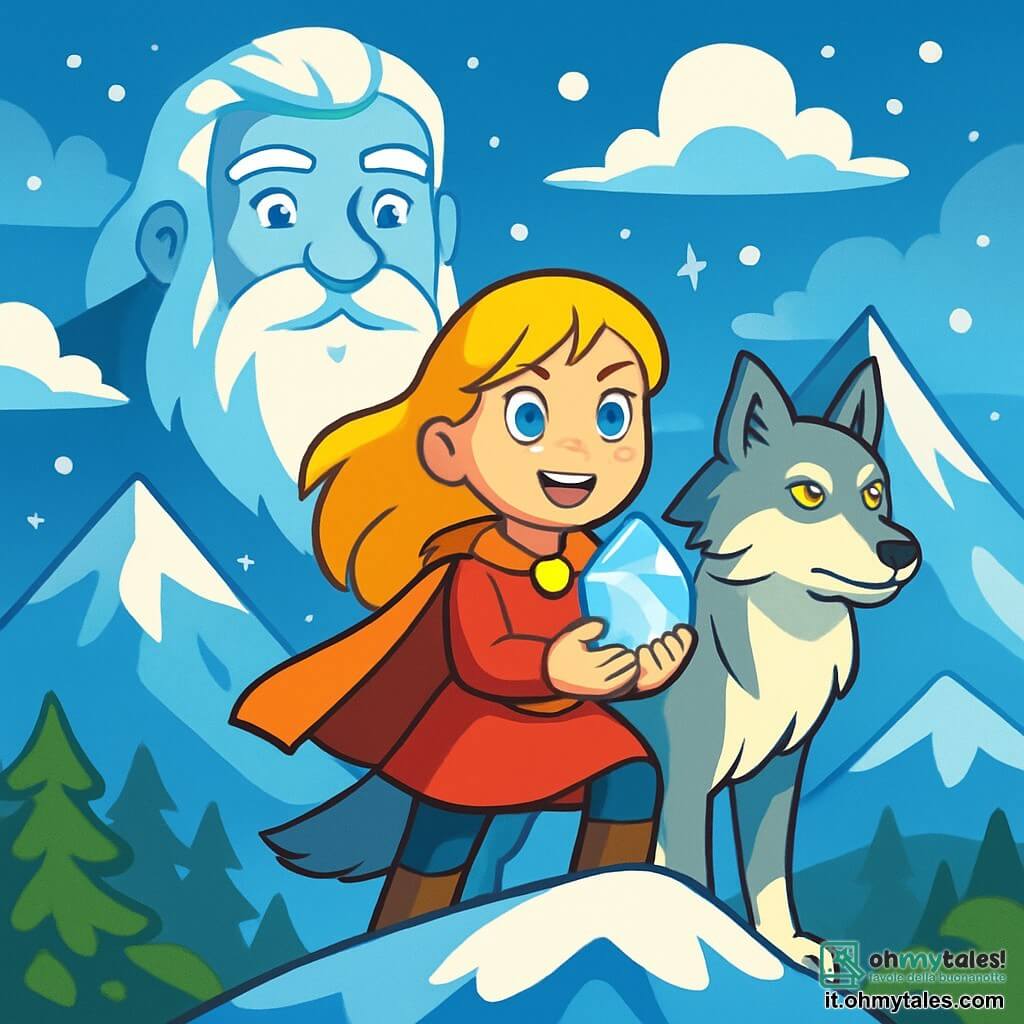Elin, una giovane donna dai capelli dorati come il sole e dagli occhi blu brillanti, si erge fiera sulla cima di una montagna innevata. Il suo viso esprime determinazione e gioia, mentre tiene un cristallo scintillante tra le mani. Accanto a lei, un lupo maestoso dagli occhi dorati e dal pelo argentato si mostra in una postura protettiva, guardando l'orizzonte. Sullo sfondo, un gigante imponente con una barba bianca come la neve e occhi brillanti come stelle osserva Elin con ammirazione. Il cielo è di un blu profondo, punteggiato di nuvole soffici, mentre fiocchi di neve cadono dolcemente attorno a loro. La scena si svolge sulla cima di una montagna, circondata da picchi innevati e foreste verdi sottostanti, creando un contrasto sorprendente. Elin, dopo aver superato prove, si prepara a rivendicare il suo destino, tenendo il cristallo che simboleggia l'equilibrio tra i regni.
