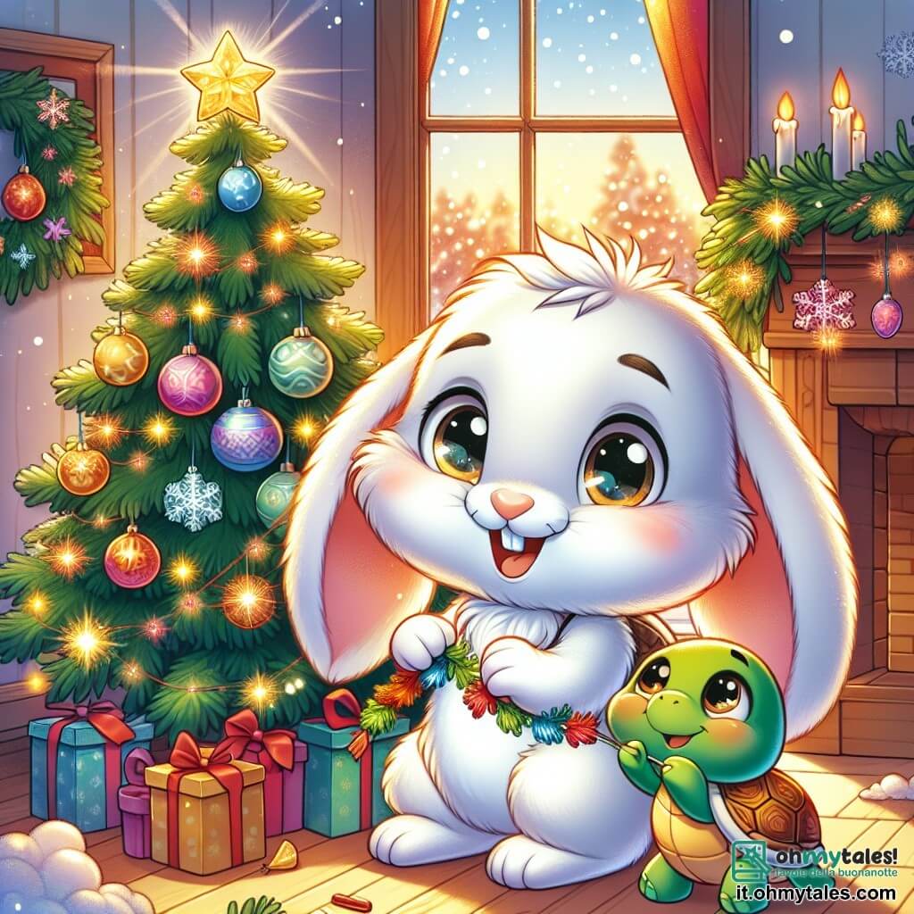 Un coniglietto dalle grandi orecchie, con un morbido pelliccia bianca e occhi brillanti di gioia, sta decorando un albero di Natale in una stanza accogliente. Tiene una ghirlanda colorata tra le zampe anteriori, sorridendo con entusiasmo. Accanto a lui, una piccola tartaruga con un guscio verde brillante, con un dolce sorriso, lo aiuta appendendo stelle di carta sui rami dell'albero, mostrando un'espressione di orgoglio. Sullo sfondo, una finestra lascia entrare la luce dorata del sole, illuminando la neve che cade dolcemente all'esterno, creando un'atmosfera magica e festiva. La stanza è piena di decorazioni colorate e un grande albero scintillante, simboleggiando lo spirito del Natale e l'amicizia.