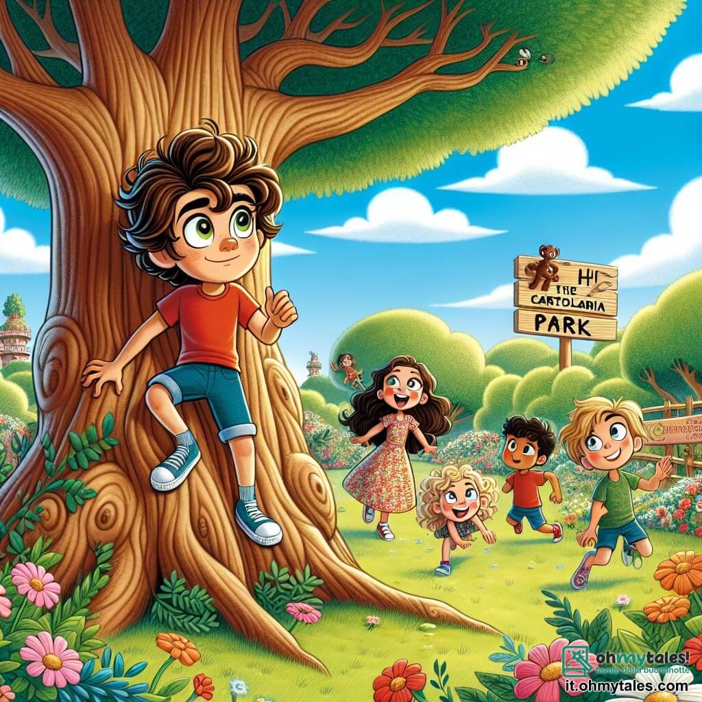 Al centro dell'immagine, Luca, un giovane ragazzo dai capelli ricci e dagli occhi vivaci, sta scalando un grande albero secolare, con un'espressione determinata e curiosa sul volto. Indossa una maglietta rossa e pantaloni corti blu, e allunga la mano verso un ramo dove si nasconde un oggetto misterioso. Accanto a lui, Sara, una bambina dai capelli lunghi e castani con una frangia, osserva attentamente da terra, le braccia incrociate, con un'espressione di eccitazione e concentrazione. Indossa un vestito a fiori e tiene un quaderno in mano, pronta a scrivere indizi. Un po' più in là, Marco, un ragazzo dai capelli biondi arruffati e dal sorriso malizioso, salta sul posto ridendo di gioia, con un'aria birichina. Indossa una maglietta verde e pantaloni corti arancioni, ed è impaziente di scoprire il mistero. Il luogo è un parco soleggiato, pieno di fiori colorati e alberi maestosi, con un cielo azzurro chiaro punteggiato di nuvole bianche e soffici. Sullo sfondo, si vede un grande pannello di legno con la scritta "Parco di Cartolandia". La scena principale mostra Luca, in piena esplorazione, che cerca di scoprire il segreto della grande matita colorata, mentre i suoi amici lo incoraggiano e lo osservano con entusiasmo, pronti ad aiutarlo nella sua indagine.