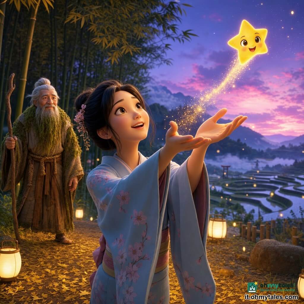Giovane donna di circa 25 anni, sorridente e commossa, volto dolce e capelli neri raccolti in chignon, kimono azzurro pallido a fiori di ciliegio, che tende le mani verso il cielo liberando una piccola stella animata (Hoshiko) grande come una mano, giallo dorato con grandi occhi scintillanti e sorriso, che sale fluttuando lasciando una scia di polvere d'oro; un vecchio spirito della foresta maschile, barba di muschio e veste di fibre naturali, osserva benevolo alla lisière del boschetto; ambientazione: radura al crepuscolo circondata da bamboo verdi, risaie terrazzate nebbiose all'orizzonte, lucciole gialle, lanterne di carta a terra e suolo coperto di foglie dorate; situazione: momento emotivo di partenza verso un cielo viola e rosa, luce soffusa con contrasto caldo-freddo, composizione centrata sulle mani della donna e sulla traiettoria luminosa della stella; stile visivo: rendering 3D morbido e caldo, texture setose del kimono, riflessi sulla polvere di stelle, espressioni esagerate e espressive adatte ai bambini.