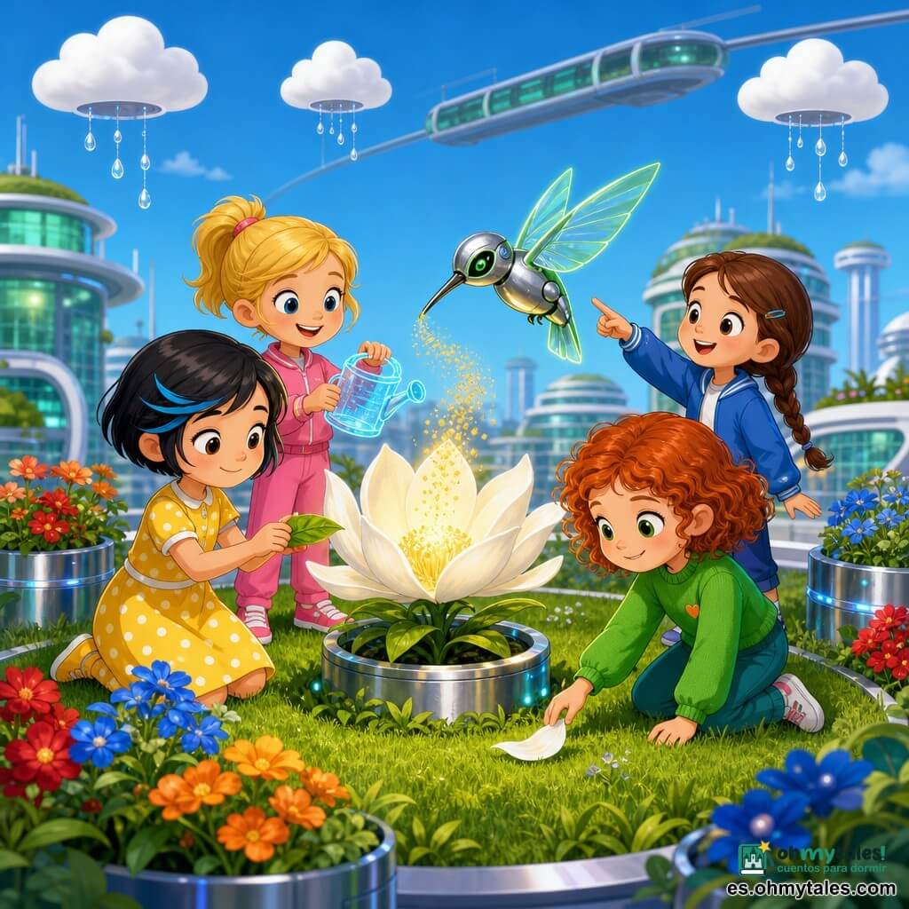 Hay cuatro niñas de 5 años: Luna (pelo negro corto con mechón azul, vestido amarillo de lunares, a la izquierda sosteniendo una hojita sobre la flor), Sol (coletas rubias, mono rosa, detrás de Luna con un mini-regador holográfico), Vera (pelo rojo rizado, suéter verde, arrodillada a la derecha tocando un pétalo caído) y Maya (pelo castaño trenzado, chaqueta azul, un poco atrás a la derecha señalando). Están en la azotea-jardín de un edificio futurista con césped circular, macetas metálicas y flores muy coloridas; al centro vuela un pequeño robot-colibrí cromado con alas transparentes y ribetes verdes que esparce polen dorado sobre una flor blanca que se abre con luz tenue; las niñas lo rodean sonriendo y ayudan regando, protegiendo con la hoja y tocando con delicadeza, ambiente luminoso y estilo cartoon alegre.