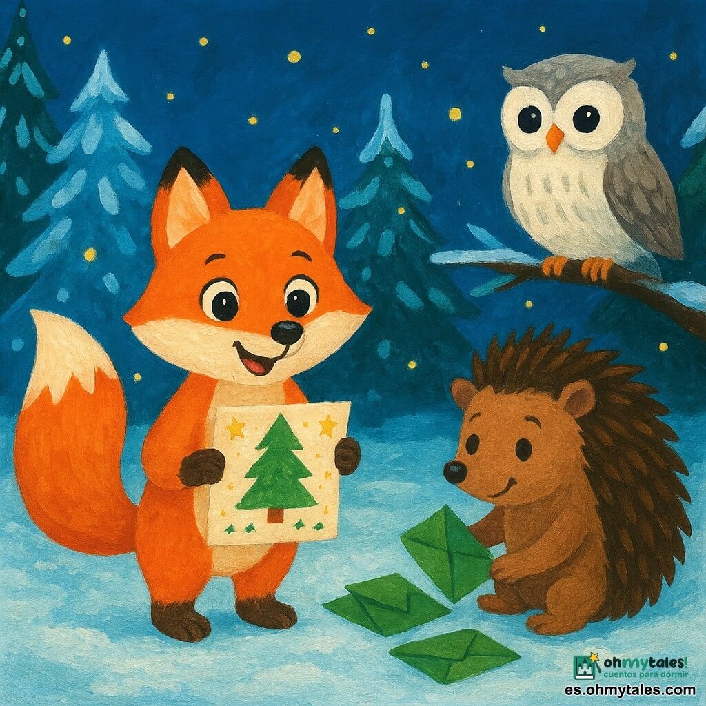 Una pequeña zorra llamada Lila, con un pelaje naranja brillante y ojos llenos de curiosidad, se encuentra alegremente en el centro de un claro nevado. Sostiene una invitación de papel decorada con dibujos de estrellas y abetos, y sonríe con entusiasmo. A su lado, un erizo llamado Bruno, con púas marrones y una mirada amistosa, ayuda a ensamblar sobres hechos de hojas. Un poco más lejos, un búho sabio llamado Maia, con plumas blancas y grises, observa atentamente desde una rama baja, listo para memorizar los nombres de los invitados. El claro está rodeado de grandes abetos cubiertos de nieve brillante, y las luciérnagas iluminan suavemente el espacio, creando un ambiente mágico. La escena principal muestra a Lila y sus amigos preparando las invitaciones para la fiesta de Navidad, un momento de compartir y complicidad en el corazón del bosque invernal.