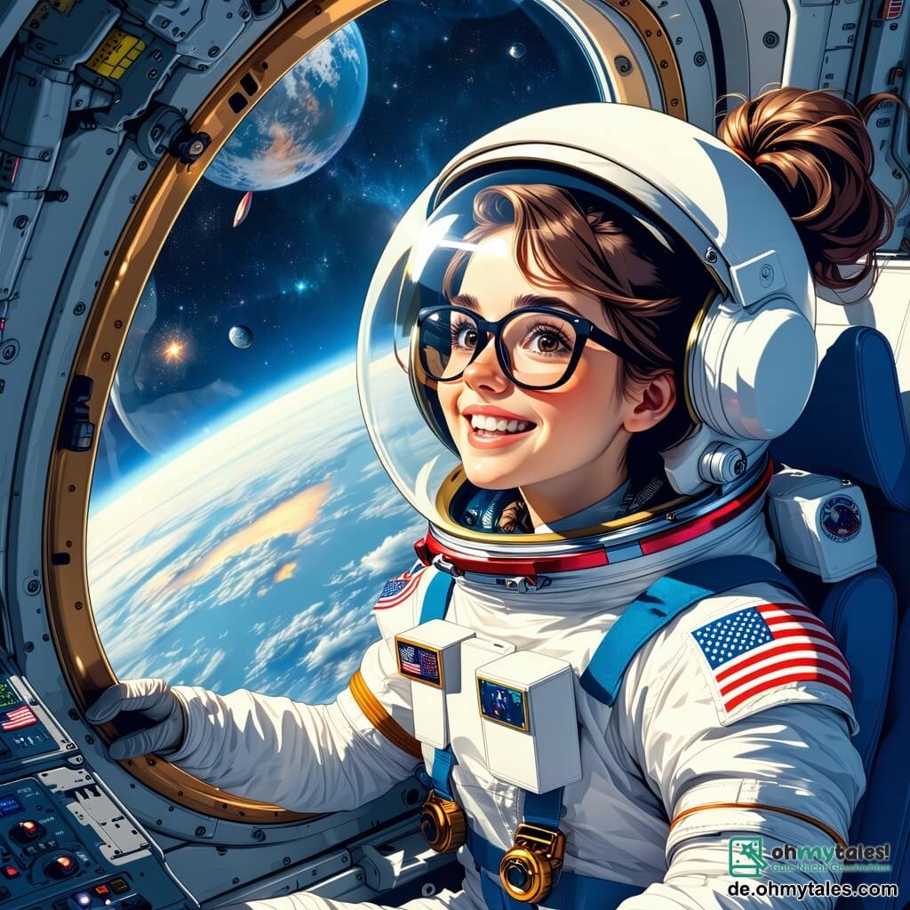 Eine Astronautin mit braunen Haaren, die zu einem Pferdeschwanz gebunden sind, schwebt in der Kabine ihres Raumschiffs, ihr Gesicht strahlt vor Aufregung und Neugier. Sie trägt einen weißen Raumanzug mit bunten Details und Abzeichen, und ihre Augen leuchten vor Staunen, während sie die Weite des Weltraums durch ein Fenster beobachtet. Im Hintergrund schaut ein 10-jähriger Junge mit Brille und zerzausten blonden Haaren bewundernd auf die Astronautin durch einen Kontrollbildschirm und hält ein kleines Raketenmodell in den Händen. Neben ihm zeichnet ein 9-jähriges Mädchen mit lockigem Haar und einem T-Shirt mit Sternen begeistert ein Bild der Erde aus dem Weltraum auf einem Tablet. Der Ort ist das Innere des Raumschiffs, mit leuchtenden Kontrollpanelen, Bildschirmen, die Daten anzeigen, und funkelnden Sternen, die durch die Fenster sichtbar sind. Die Hauptsituation zeigt die Astronautin, die ihre Entdeckung eines mysteriösen Lichtblitzes im Weltraum teilt, während die Kinder, gefesselt, aufmerksam zuhören, ihre Gesichter vom Licht der Bildschirme erleuchtet.
