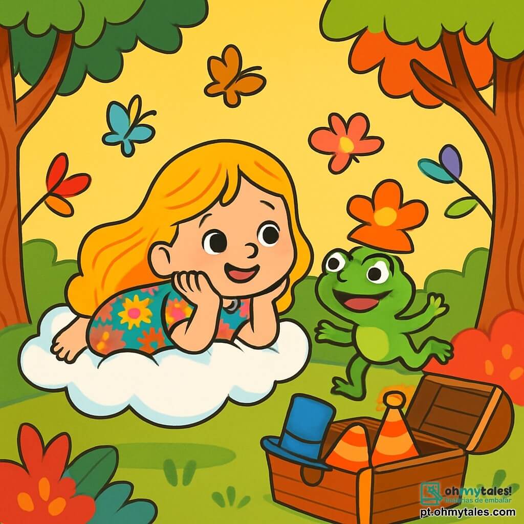 Uma menina de 4 anos, Lia, com longos cabelos dourados e olhos cheios de curiosidade, está deitada em uma nuvem macia, sorridente e sonhadora. Ela usa um vestido colorido com flores e parece pronta para se divertir. Ao seu lado, um pequeno sapo verde chamado Zé, com olhos redondos e travessos, salta alegremente, usando um chapéu em forma de flor na cabeça. A cena acontece em uma floresta encantada, onde árvores de troncos torcidos e folhas multicoloridas dançam com o vento. Borboletas de asas brilhantes voam ao redor, acrescentando um toque de magia ao ambiente. Lia e Zé descobrem um baú misterioso de madeira, cheio de chapéus divertidos, e riem juntos enquanto experimentam os diferentes chapéus, criando uma atmosfera alegre e lúdica.