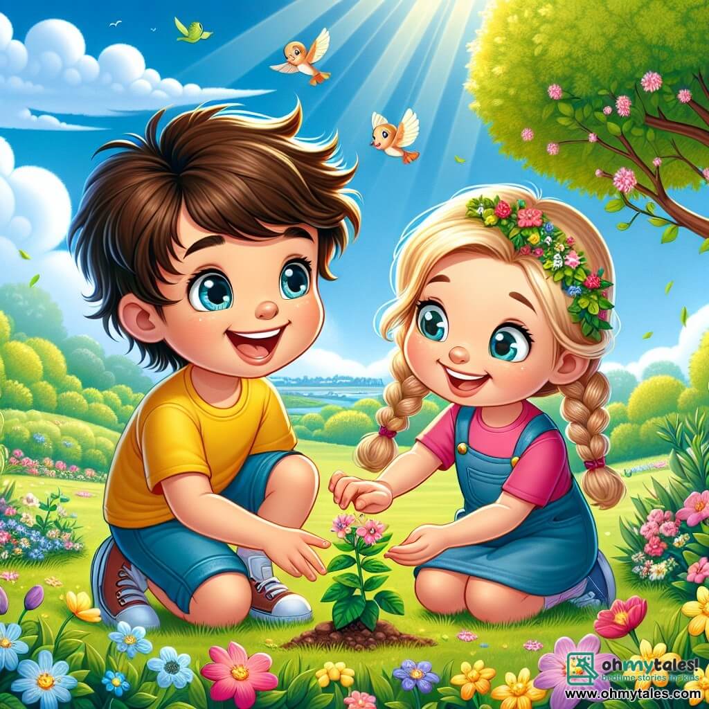 A 6-year-old boy named Max, with messy brown hair and a big smile, is kneeling in a green field dotted with colorful flowers. He is wearing a bright yellow t-shirt and blue shorts, with his hands reaching towards a small plant he just discovered, his eyes sparkling with wonder. Next to him, his best friend Lily, a 6-year-old girl with braided blonde hair and a pink dress, is pointing at a flowering tree, her face beaming with joy. In the background, a bright blue sky is dotted with fluffy white clouds, and birds are flying happily. The setting is a spring park, filled with vibrant flowers, tall green trees, and a sweet scent of nature. The main scene shows Max and Lily exploring spring, amazed by the beauty of the blooming flowers and trees, symbolizing the magic of the season.