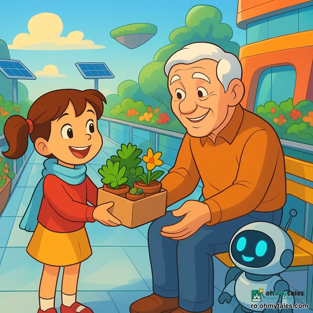 O fetiță de 6 ani, veselă, păr brun în două cocuri și eșarfă ușoară, ține o cutie cu ghivece de plante colorate; un bărbat în vârstă (~70 ani), cu păr argintiu și zâmbet blând, stă pe o bancă-jardiniere metalică și întinde mâinile emoționat pentru a le primi; un mic robot neutru, corp rotund pe roți cu ochi albaștri luminoși, stă lângă ei; locul e un pod suspendat din sticlă între două insule plutitoare, cu jardiniere cu flori, panouri solare și clădiri din oțel lustruit; scena principală: fetița oferă plante bărbatului de pe insula vecină, schimb călduros, lumină aurie reflectată în metal și frunze, atmosferă tandră și optimistă.