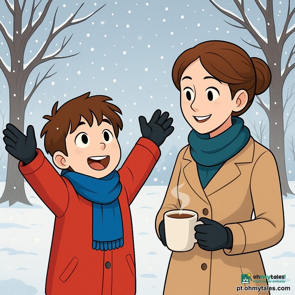 Um menino de 10 anos, com cabelos castanhos bagunçados e bochechas rosadas pelo frio, está no meio de um parque coberto de neve. Ele usa um grande casaco vermelho vivo, um cachecol azul e luvas pretas, e seu rosto expressa uma curiosidade maravilhada. Ao lado dele, sua mãe, uma mulher de cerca de 35 anos com cabelos castanhos presos em um coque, sorri calorosamente enquanto segura uma xícara de chocolate quente. Ela se inclina levemente para ele, como se fosse compartilhar um segredo alegre. O parque está cheio de grandes árvores com galhos nus, cobertos por uma fina camada de neve cintilante, e o chão está coberto de um manto branco. Flocos de neve caem suavemente do céu cinza claro, criando uma atmosfera mágica e pacífica. A cena principal mostra o menino levantando os braços para o céu, maravilhado com a neve que cai, enquanto sua mãe o observa com ternura, compartilhando um momento de felicidade simples no coração do inverno.