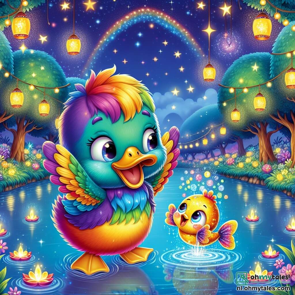 Quak, een kleurrijke eend met glanzende veren in alle kleuren van de regenboog, zwemt vrolijk in een fonkelend meer onder een sterrenhemel, met een grote glimlach op zijn gezicht, terwijl hij zijn vleugels opheft om het nieuwe jaar te verwelkomen. Naast hem springt Glitter, een kleine gouden vis met glinsterende schubben, enthousiast uit het water, met sprankelende ogen van vreugde, terwijl hij bellen blaast die het sterrenlicht weerkaatsen. De omgeving is betoverend: het meer is omringd door grote bomen met heldere bladeren, en kleurrijke lampionnen drijven op het water, wat een feestelijke en magische sfeer creëert. De scène toont het moment waarop Quak en zijn vrienden samen de komst van het nieuwe jaar vieren, omringd door lachen, muziek en licht, terwijl ze hun wensen uiten onder een hemel vol fonkelende sterren.
