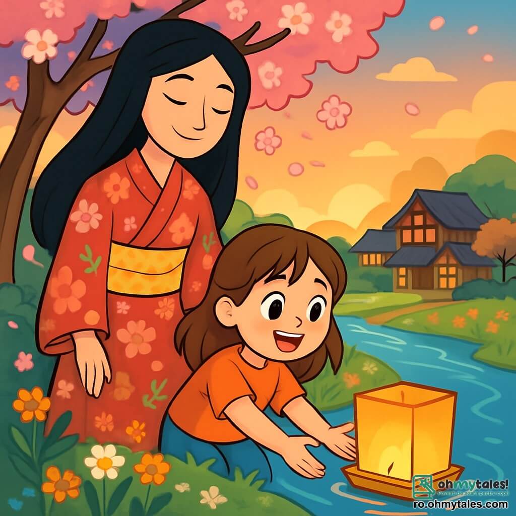 O femeie elegantă, cu părul lung și negru ca noaptea, stă sub un cireș înflorit, cu fața strălucind de blândețe și serenitate. Ea poartă un kimono tradițional cu motive florale delicate, iar un zâmbet ușor îi luminează ochii, dovedind bunătatea sa. Lângă ea, o fetiță de 8 ani, cu părul castaniu și ochii sclipitori, privește fascinată lampionul pe care tocmai l-a eliberat pe râu, obrajii ei fiind ușor rumeniți de emoție. Decorul este un sat japonez liniștit, scăldat în lumina aurie a amurgului, cu case din lemn cu acoperișuri înclinate și un pârâu strălucitor care șerpuiește printre câmpuri de flori sălbatice. Petalele de cireș cad încet în jurul lor, creând o atmosferă magică. Femeia, un spirit binevoitor al naturii, o încurajează pe fetiță să lase lampionul să plutească pe apă, simbolizând speranța și visele, în timp ce briza ușoară face florile să danseze în jurul lor.