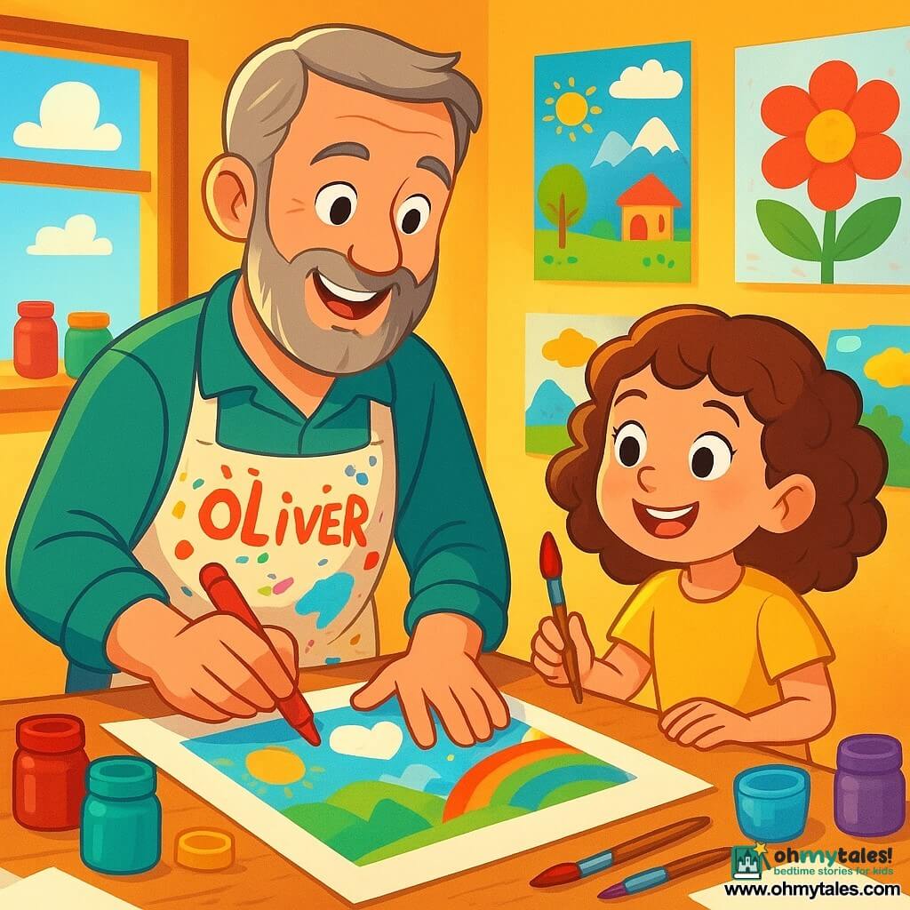 A man with graying hair and a soft beard, named Oliver, stands joyfully in his studio. He wears a paint-splattered apron, his eyes sparkling with excitement as he draws with a bright red marker. Next to him, a six-year-old girl with curly hair and bright eyes watches in wonder, holding a brush in her hand. She smiles, fascinated by the colors coming to life on the paper. The studio is a magical place, filled with pots of vibrant paint, scattered sheets of white paper, and brushes of all sizes. Sunlight filters through a window, illuminating the walls decorated with colorful drawings. The main scene shows Oliver and the little girl creating book covers together, surrounded by vibrant drawings of fantastical landscapes, where heart-shaped clouds float in a bright blue sky.