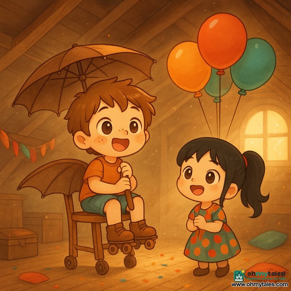An 8-year-old boy, enthusiastic and wide-eyed with round freckled cheeks and messy light-brown hair, grips the handle of an old umbrella turned wing while sitting on a chair mounted on roller skates; beside him stands or crouches Lucy, an 8-year-old brave smiling girl with black pigtails in a colorful dress, holding several helium balloons tied to the back and looking at him excitedly, in a warm dusty attic with light wood floors, exposed beams, an old trunk, colorful feather garlands, scattered confetti and cushions, and yellow sunbeams through a skylight, as the wheeled chair glides, the balloons lift, the umbrella opens like a wing, and their faces show adorable kawaii expressions in bright, contrasting colors and a joyful hopeful mood.