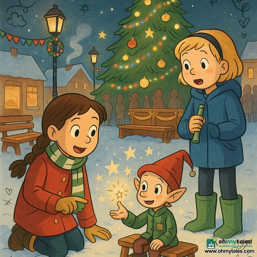 Three characters: Mia, 9, brown hair in a braid, red coat with gold buttons and green-and-white striped scarf, kneeling in the snow and pointing toward a small male elf; Zoe, 9, short blond hair with a headband, blue parka and green rubber boots, holding a kazoo and standing just right of Mia, looking amazed at the elf; and Sparkler, a knee-high male elf with fair skin, a green patchwork jacket and red pointed hat with a bell, sparkling eyes, sitting on a small bench at center left offering a tiny bell. The village square at night: cobbled with light snow, a large lit Christmas tree, multicolored garlands on lamp posts, bakery windows, wooden benches and a small decorated stage. Main scene: a joyful nighttime discovery as Mia and Zoe find the elf near the tree, glitter sparks around him, paper stars falling, blurred smiling villagers applauding, warm reds, greens and golds against a deep blue night.