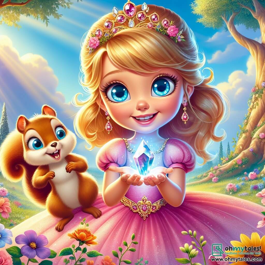 In the center of the image, Princess Lila, an 8-year-old girl, stands with a radiant smile on her face. She has golden hair that shines like the sun and sparkling sky-blue eyes full of curiosity. She wears a pink dress adorned with colorful flowers and holds a glowing crystal that emits a soft light. Next to her, Nutty, a mischievous little squirrel, perches on her shoulder. He has soft brown fur and bright eyes that shine with intelligence. Nutty looks at the crystal in wonder, his tiny paws reaching out, ready to assist the princess on her adventure. The setting is an enchanted garden where flowers dance in the breeze and majestic trees seem to whisper secrets. The sky is bright blue, dotted with fluffy clouds, and a gentle ray of sunlight illuminates the scene, creating a magical atmosphere. The main situation shows Lila and Nutty discovering the crystal of courage, a moment of joy and wonder as they stand among the vibrant flowers, ready to embark on their great adventure to save their world.