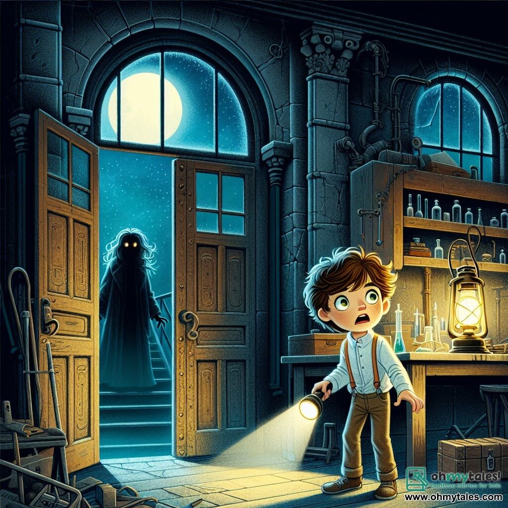 A 12-year-old boy, Oliver, with messy brown hair and sparkling eyes of excitement, stands in front of a large, worn wooden door that is slightly ajar. His face expresses both fear and determination, and he holds a flashlight that faintly illuminates the dark corridor ahead. Inside the room, an ethereal silhouette of a similarly aged girl can be seen, with long flowing hair and wearing a white dress that seems to blend into the darkness. She looks at Oliver with a mix of sadness and hope, as if asking for his help. The setting is an abandoned old laboratory, with crumbling walls covered in cobwebs and wooden tables cluttered with rusty old scientific instruments. Moonlight filters through broken windows, casting eerie shadows on the dusty floor. The main situation shows Oliver hesitating to enter the laboratory, aware of the mysterious whispers around him, while the girl's silhouette seems to encourage him to move forward, highlighting the theme of bravery in the face of fear.