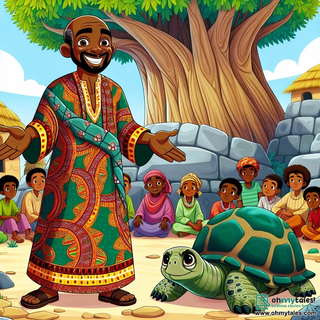 In the center of the image, the main character, wise Chief Jabu, is a middle-aged man with a broad smile and sparkling eyes full of mischief. He wears a colorful tunic adorned with African patterns and stands with his arms open, as if welcoming the villagers. His expression is both confident and joyful, showing his determination to solve the mystery of the vanished river. Next to him, a wise old turtle, about 100 years old, sits on a stone, her deep, thoughtful gaze fixed on Chief Jabu, ready to share her wisdom. In the background, villagers of all ages, men and women, gather under a large baobab tree, their faces reflecting worry but also hope. Children, a boy and a girl, play around the tree's roots, adding life to the scene. The setting is a vibrant African village with clay houses and a bright blue sky. The majestic, ancient baobab stands at the center, its extended branches providing shade to the gathered villagers. The main situation shows Chief Jabu, surrounded by the villagers, explaining the situation of the vanished river. The villagers listen attentively, their faces a mix of concern and hope, while the wise turtle observes, ready to assist with her advice.