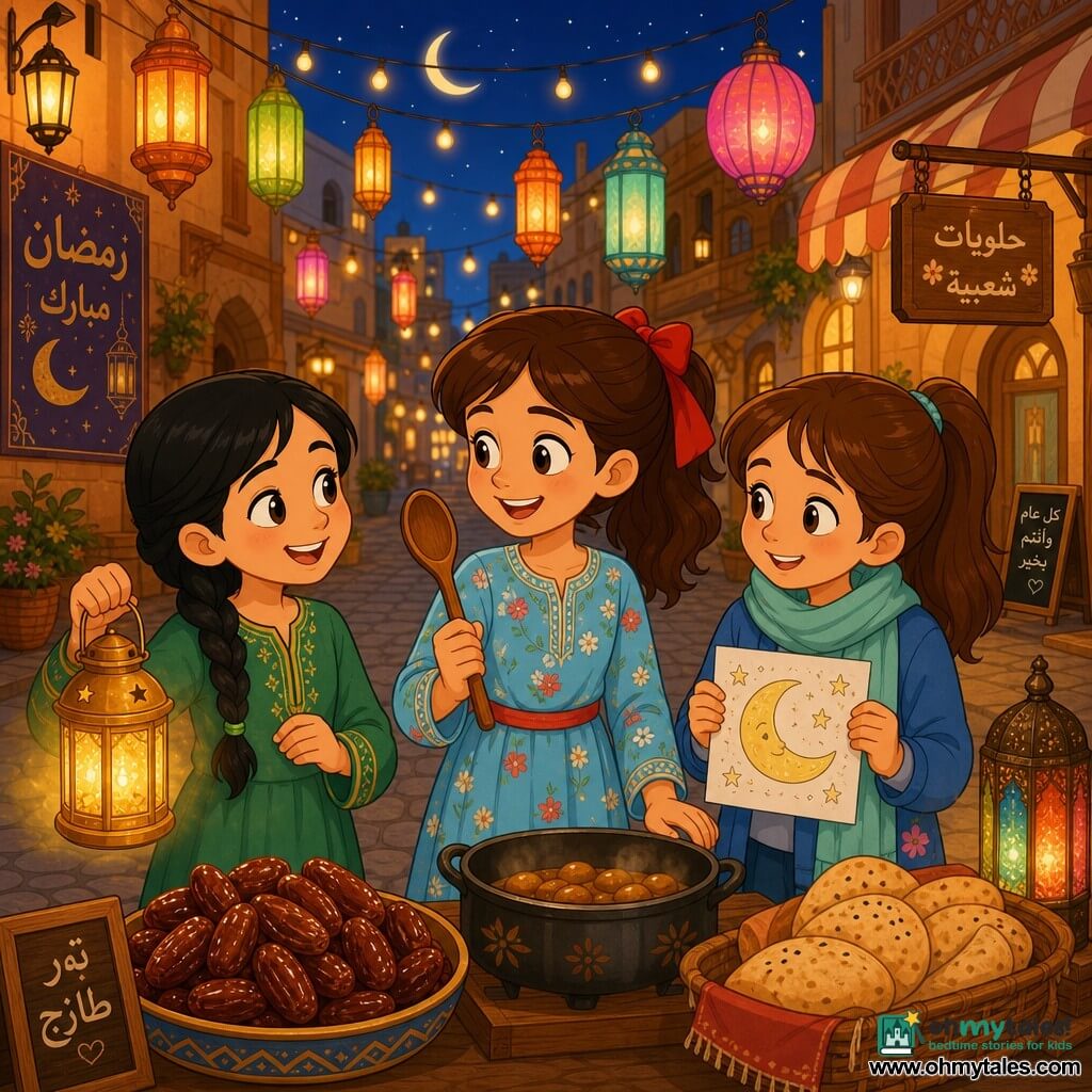 Three girls around nine: Lina with brown hair tied with a red ribbon in a light blue floral dress holding a shiny wooden spoon at the center, smiling; Amina with braided black hair in a small green dress holding a golden lantern to Lina’s left, gently laughing; Noor with chestnut hair in a ponytail wearing a blue jacket and mint scarf holding a small moon drawing to Lina’s right, shy but happy. They stand at an evening Ramadan market: a warm-toned cobbled alley with hanging lantern garlands, wooden stalls with bowls of shiny dates and baskets of bread, colorful paper lanterns casting orange-golden light. Lina presents the spoon like a treasure, Amina raises her lantern casting a golden halo, Noor shows her moon drawing; soft festive mood, warm colors (gold, orange, midnight blue), joyful expressions, simple clean lines and flat textures in a 2D children’s cartoon style.