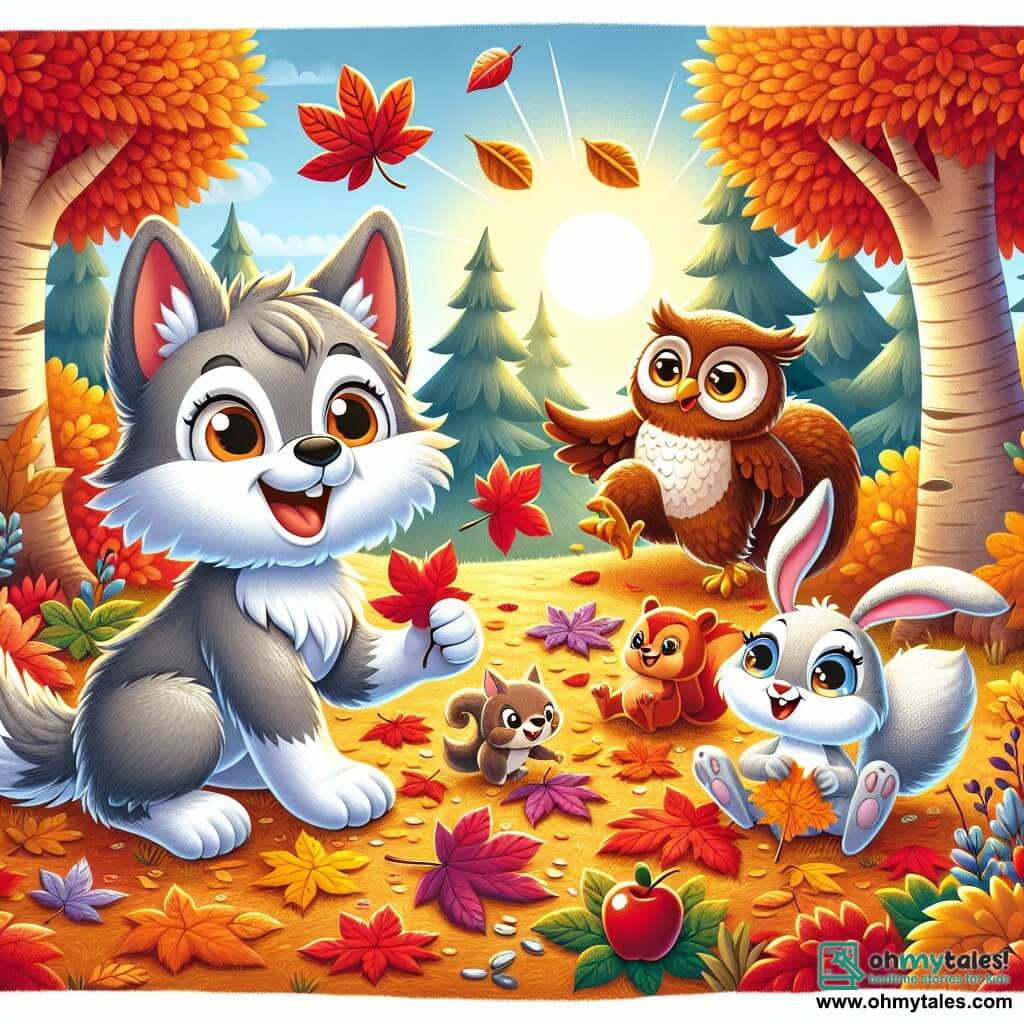 An illustration depicts a small gray wolf with fluffy fur and big bright eyes, expressing pure joy as it happily jumps on a colorful carpet of autumn leaves. Nearby, a small white bunny with large ears and a radiant smile is gathering leaves, her eyes sparkling with excitement. A wise owl with brown feathers and round eyes perches on a branch, observing the scene with a benevolent and curious expression. A red-furred squirrel, with a bushy tail, busily searches for leaves, its face beaming with happiness. The main setting is a sunlit clearing surrounded by majestic trees with vibrant foliage, where the ground is covered in a thick layer of bright red, orange, and yellow leaves illuminated by the setting sun. The main situation shows the friends gathered, laughing and playing together, creating a large apple-shaped mosaic of leaves, symbolizing their friendship and the beauty of autumn. Additional elements include rays of sunlight filtering through the branches, birds singing in the blue sky, and small forest creatures watching the scene with curiosity.