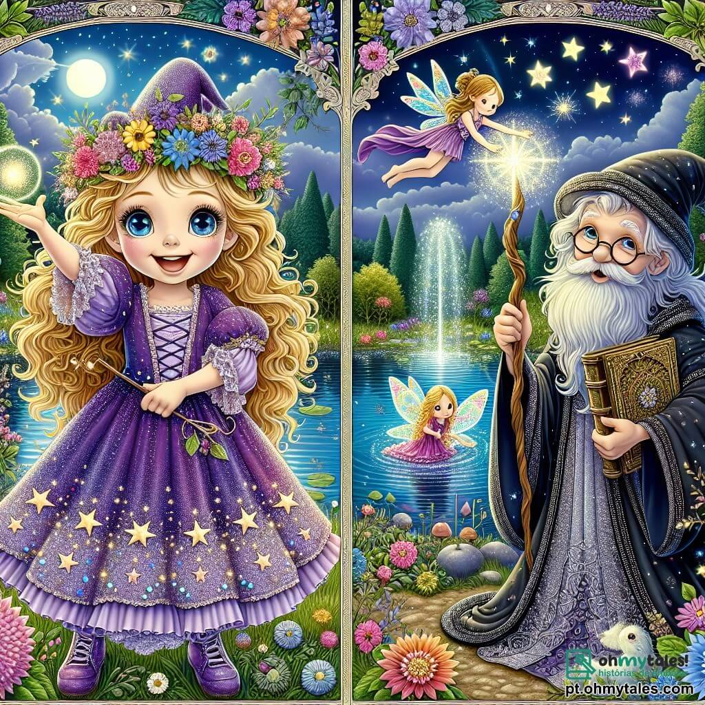 No centro da imagem, uma pequena bruxa chamada Lila, com cerca de 8 anos, sorri amplamente. Ela tem cabelos cacheados e dourados que caem sobre os ombros, e seus olhos brilham como estrelas. Veste um vestido roxo decorado com estrelas cintilantes e segura uma pequena varinha mágica que emite uma suave luz. Lila está fazendo um desejo à beira de um lago mágico. Ao lado dela, o velho bruxo Merlino, um homem idoso com uma longa barba branca e óculos redondos, observa com um sorriso benevolente. Ele usa uma robe preta com padrões prateados e segura um livro antigo, pronto para compartilhar sua sabedoria. Ao fundo, uma fada chamada Fifi, com asas brilhantes e um vestido de pétalas de flores, voa alegremente ao redor, adicionando um toque de magia à cena. O local é um lago encantador, cercado por flores coloridas e árvores majestosas. A luz do sol reflete na água, criando explosões de cores vivas, enquanto nuvens fofas flutuam em um céu azul claro. A cena mostra Lila, com os olhos fechados, fazendo um desejo ao lago mágico, enquanto Merlino e Fifi a incentivam com expressões alegres, capturando a essência da magia e da amizade.