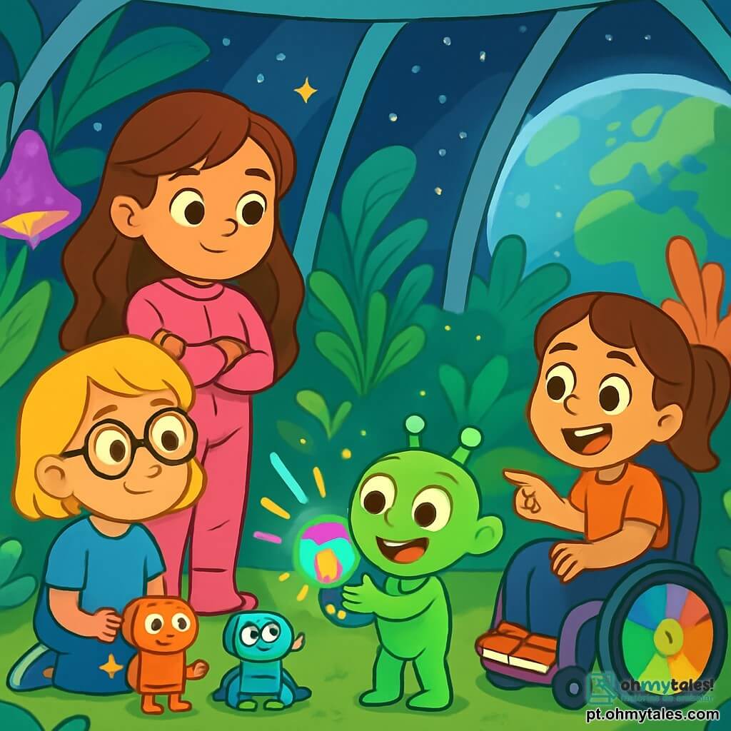 Há 4 personagens: - Luna: uma menina de 8 anos, com cabelos longos e ondulados de cor castanha, vestindo um traje espacial rosa. Ela está em pé, com os braços cruzados e um olhar curioso. - Bia: uma menina de 7 anos, com cabelos curtos e loiros, usando óculos redondos e uma camiseta azul. Ela está sentada no chão, cercada por pequenos robôs coloridos que construiu. - Sofia: uma menina de 9 anos, com cabelos castanhos e um grande sorriso, sentada em sua cadeira de rodas multicolorida, que brilha sob a luz das estrelas. Ela está rindo e apontando para Zipo. - Zipo: um extraterrestre de pequena estatura, com pele verde brilhante, três olhos redondos e um grande sorriso. Ele está em pé diante das meninas, segurando um dispositivo luminoso que brilha em cores vivas. O local da cena principal é um jardim espaçoso dentro de uma estação espacial. Plantas estranhas e coloridas crescem ao redor deles, com flores luminosas que brilham na escuridão. Ao fundo, grandes janelas oferecem uma vista espetacular de um planeta azul e verde. A situação principal da história mostra as meninas descobrindo Zipo, o extraterrestre, que vem de seu planeta. Elas estão todas maravilhadas e rindo juntas, enquanto Zipo lhes mostra seu dispositivo luminoso que pisca alegremente.