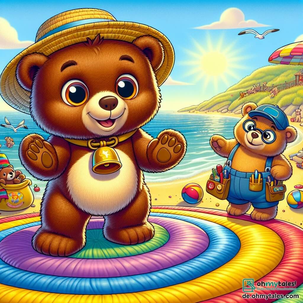 Im Vordergrund steht ein Teddybär namens Bärtram mit braunem, flauschigem Fell auf einem großen bunten Kissen. Seine Augen glänzen vor Aufregung und er hat ein breites Lächeln im Gesicht. Er trägt einen kleinen Strohhut und hält eine goldene Glocke in seinen Pfoten, bereit zu tanzen. Neben ihm steht ein anderer Bär, Brummbastel, ein hellbrauner Bär mit runden Brillen und einem Werkzeuggürtel, der Bärtram mit einem ermutigenden Lächeln ansieht und einen riesigen Sack voller Überraschungen hält. Die Szenerie ist ein wunderschöner Kitzelstrand, ein sonniger Strand mit goldenem Sand, der unter der Sonne funkelt. Sanfte Wellen lecken am Ufer, während Möwen fröhlich am blauen Himmel fliegen. Die Hauptsituation zeigt Bärtram, der kurz davor ist, eine unmögliche Herausforderung zu beginnen, bereit, auf einem Weg aus bunten Kissen zu tanzen, die in der Luft schweben, während Lachen und Freude um ihn herum erklingen.