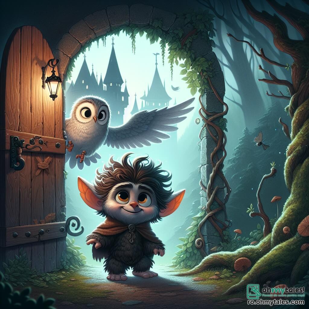 Blănoș, un mic troll cu părul creț și strălucitor, cu ochi mari și curioși și un zâmbet timid, stă în fața unei uși vechi din lemn, acoperită de liane și mușchi, cu inima bătând cu putere. Lângă el, Olivie, o bufniță înțeleaptă cu pene gri și ochi pătrunzători, plutește ușor în aer, având o expresie de hotărâre și încurajare, pregătită să-l ghideze pe Blănoș în aventură. În fundal, castelul misterios se înalță, cu turnuri ascuțite și feronerie spartă, învăluit într-o ceață ușoară care adaugă o atmosferă de mister și intrigă. Scena îl arată pe Blănoș ezitând să treacă pragul, în timp ce o lumină blândă emană din interior, contrastând cu întunericul pădurii din jur, creând o ambianță atât neliniștitoare, cât și captivantă.
