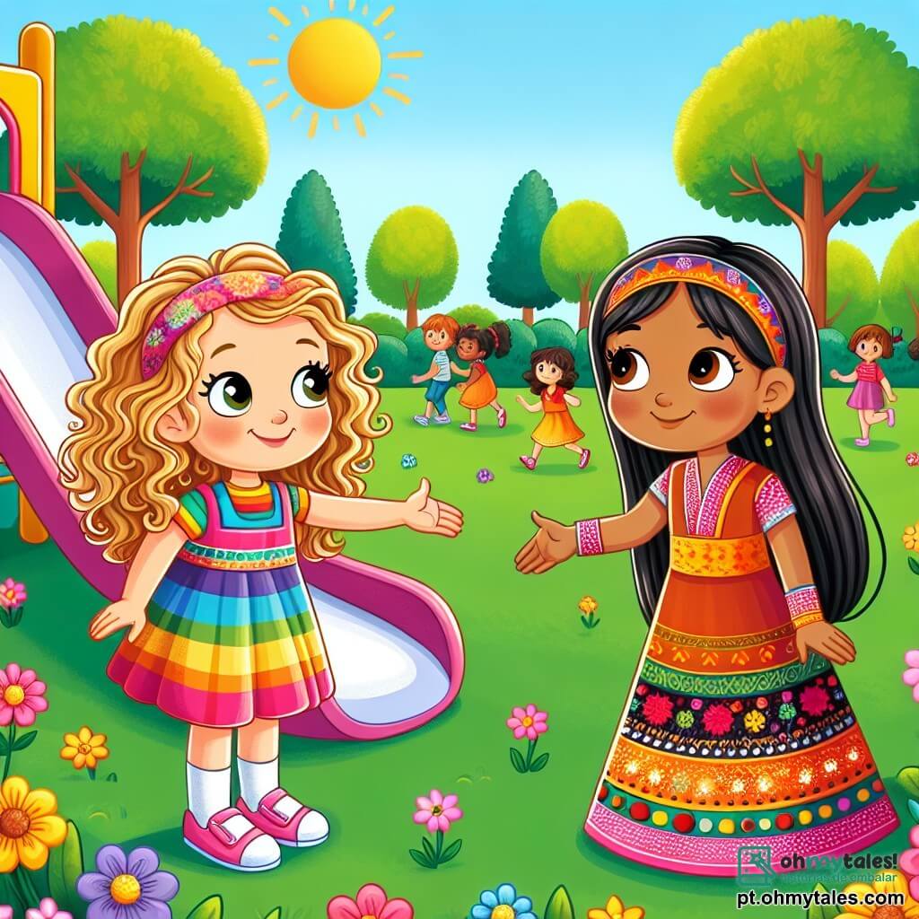 Em um parque ensolarado, uma menina de 8 anos chamada Clara, com cabelos cacheados e dourados, usa um vestido colorido. Ela sorri amplamente, demonstrando alegria e entusiasmo enquanto estende a mão para uma nova amiga. Ao seu lado, Amina, uma menina de 8 anos de cabelos longos e lisos, de origem asiática, veste uma linda roupa tradicional colorida. Ela sorri timidamente, com os olhos brilhando de excitação, enquanto mostra a Clara uma dança de seu país. O parque está cheio de flores coloridas, árvores verdes e um grande escorregador. Crianças brincam ao redor, criando uma atmosfera alegre e acolhedora. A cena representa o momento em que Clara e Amina se encontram pela primeira vez, prontas para compartilhar suas culturas e celebrar a amizade nascente, simbolizando a tolerância e a aceitação das diferenças.