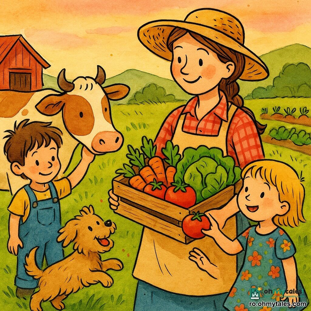 O femeie agricultoare zâmbitoare, cu piele deschisă și păr șaten împletit, poartă o bluză în carouri roșii și un șorț bej și ține o ladă cu legume colorate; două copii curioși — o fată de circa 8 ani în rochie cu flori care întinde mâna către o roșie și un băiat de circa 7 ani în salopetă albastră care mângâie o vacă albă și maro numită Lăptica — stau lângă ea, iar câinele Pufi sare vesel la picioarele femeii; decor: fermă dimineața cu iarbă cu rouă, rânduri de legume, un hambar roșu, dealuri line și cer roz-portocaliu, atmosferă caldă și liniștită.