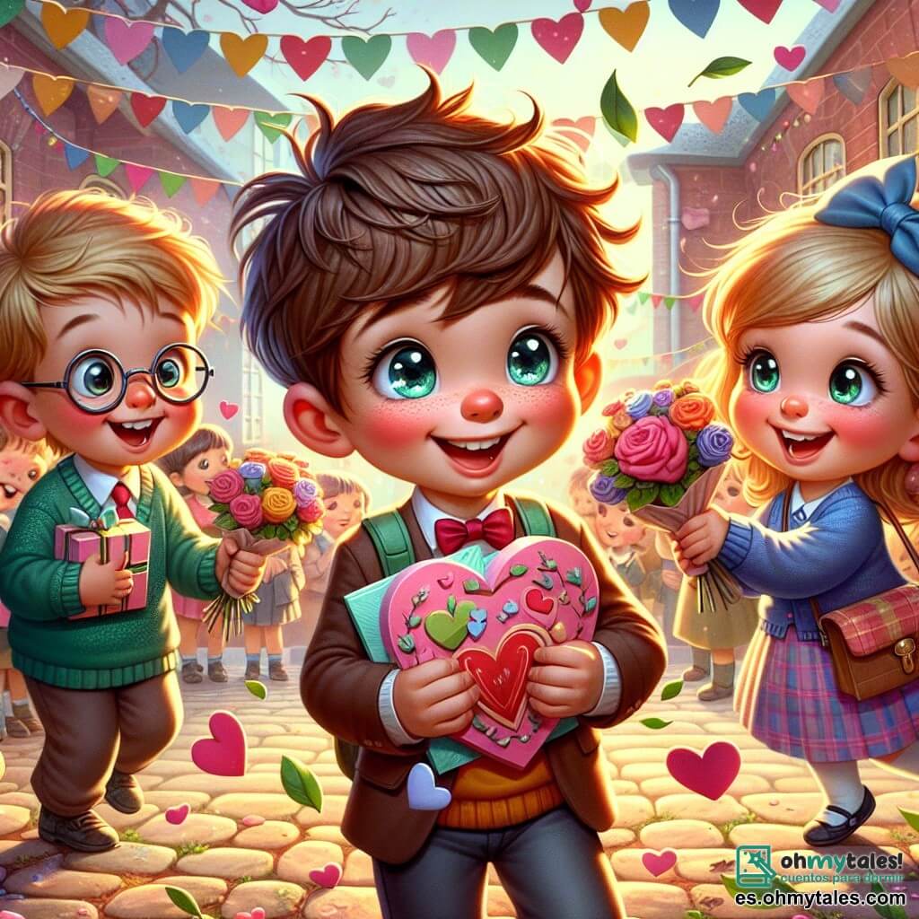 Un niño de 10 años, llamado Jaime, con el cabello castaño desordenado y ojos brillantes de alegría, se encuentra en el centro de la imagen, sosteniendo una tarjeta colorida en forma de corazón, su rostro radiante de emoción y orgullo. A su lado, Clara, una niña de 10 años con un bonito lazo azul en el cabello y una cálida sonrisa, mira a Jaime con admiración, lista para ayudarlo. Al fondo, Pablo, un niño de 10 años con cabello rubio y gafas redondas, se acerca con una tarjeta en las manos, mostrando una expresión de sorpresa y felicidad. El escenario es un patio escolar vibrante, lleno de decoraciones de San Valentín: corazones de papel en las paredes, globos rosas flotando en el aire y niños jugando alegremente a su alrededor. La situación principal muestra a Jaime, Clara y Pablo intercambiando tarjetas de San Valentín, rodeados de una atmósfera alegre y amistosa, ilustrando el tema de la amistad y la celebración del amor entre amigos.